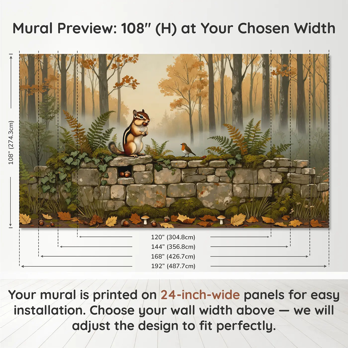 Panel layout and dimensions for Chipmunk Acorn Wall Wallpaper Mural by Whimsy Tots