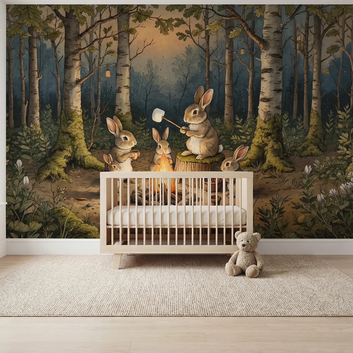 Storybook rabbit campfire moonlight wallpaper mural for kids room by Whimsy Tots