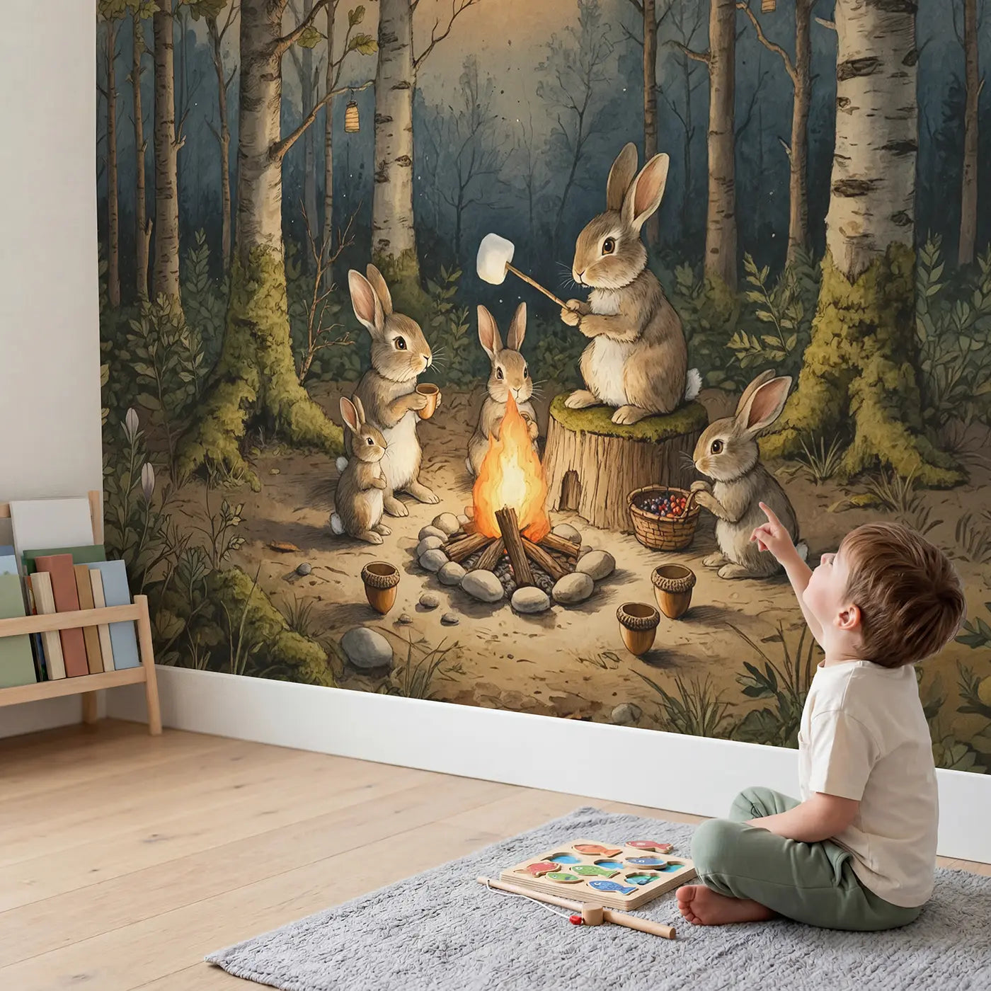 Child in nursery with Woodland Rabbit Campfire Wallpaper Mural by Whimsy Tots