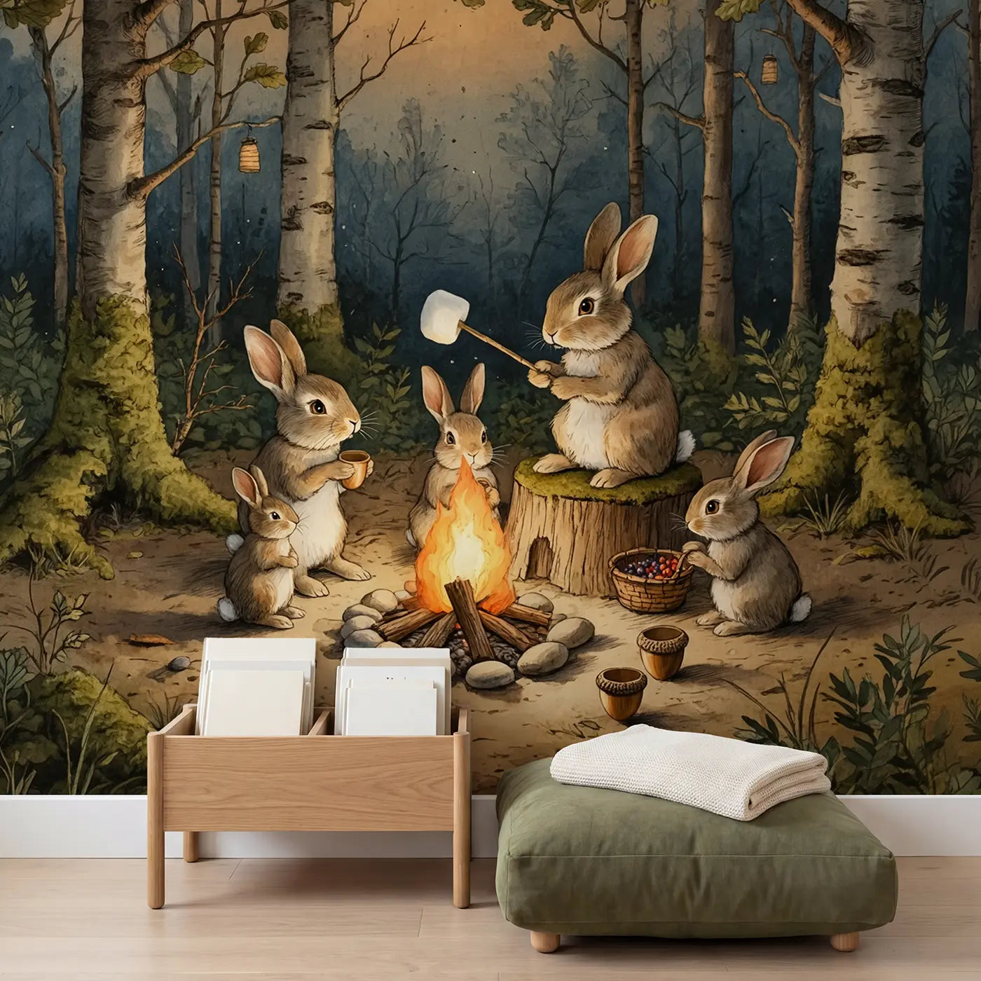 Woodland Rabbit Campfire Wallpaper Mural in playroom setting by Whimsy Tots