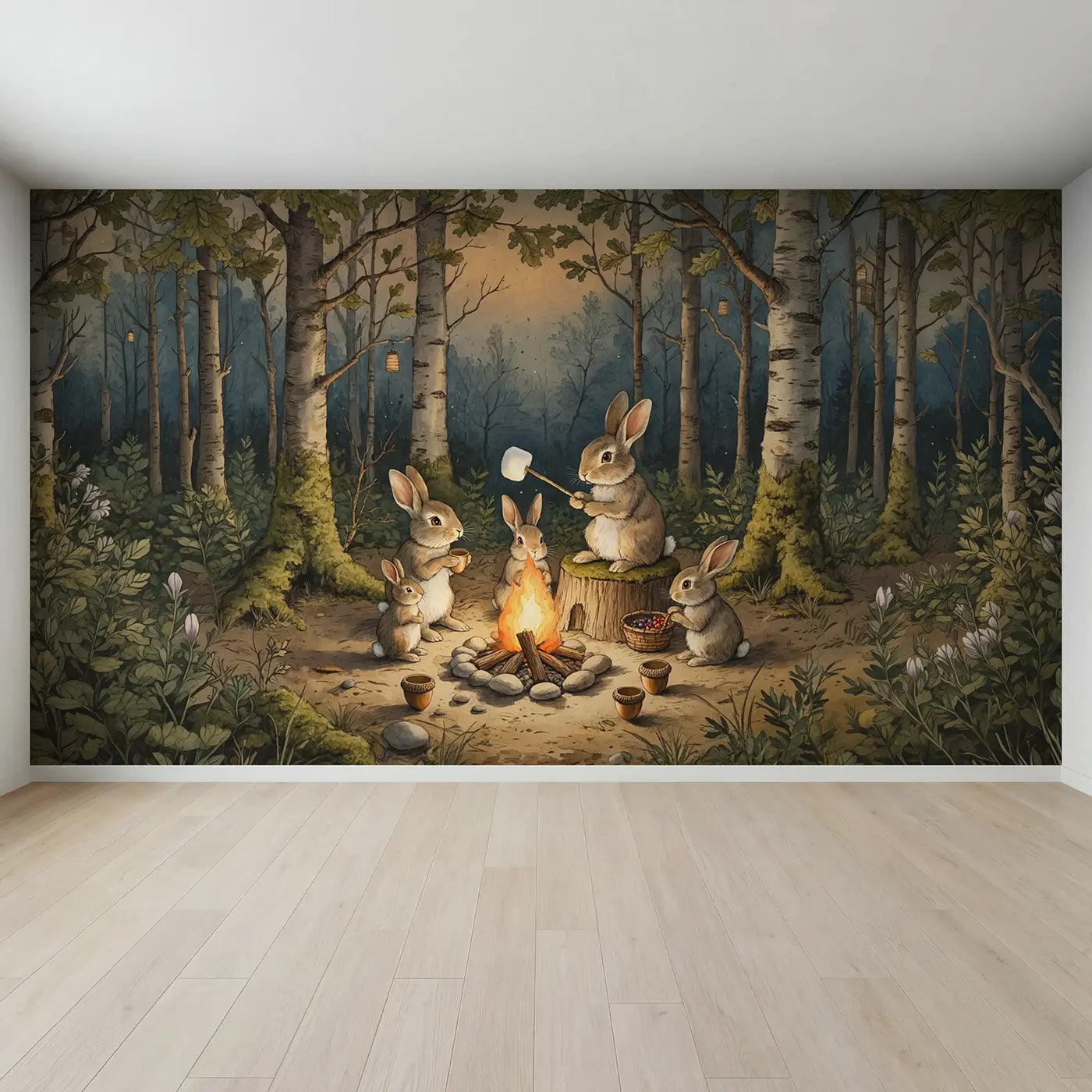 Full view of Woodland Rabbit Campfire Wallpaper Mural by Whimsy Tots