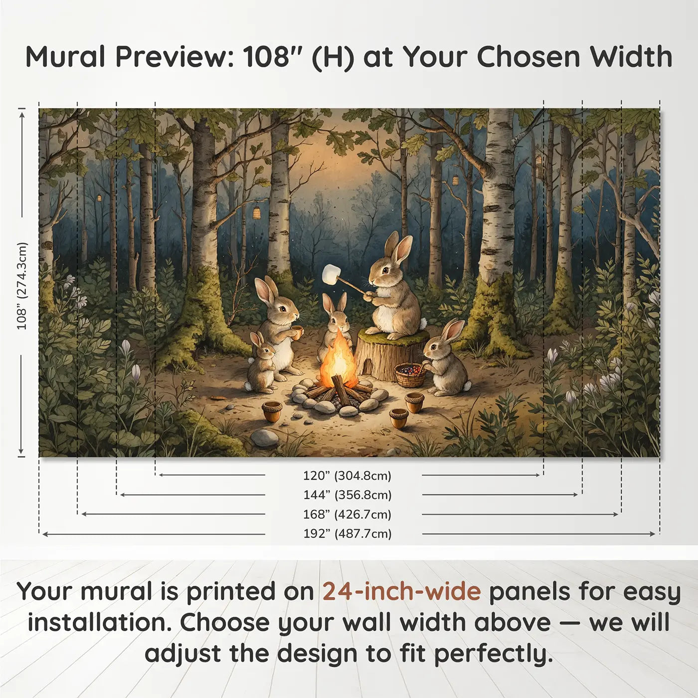 Panel layout and dimensions for Woodland Rabbit Campfire Wallpaper Mural by Whimsy Tots