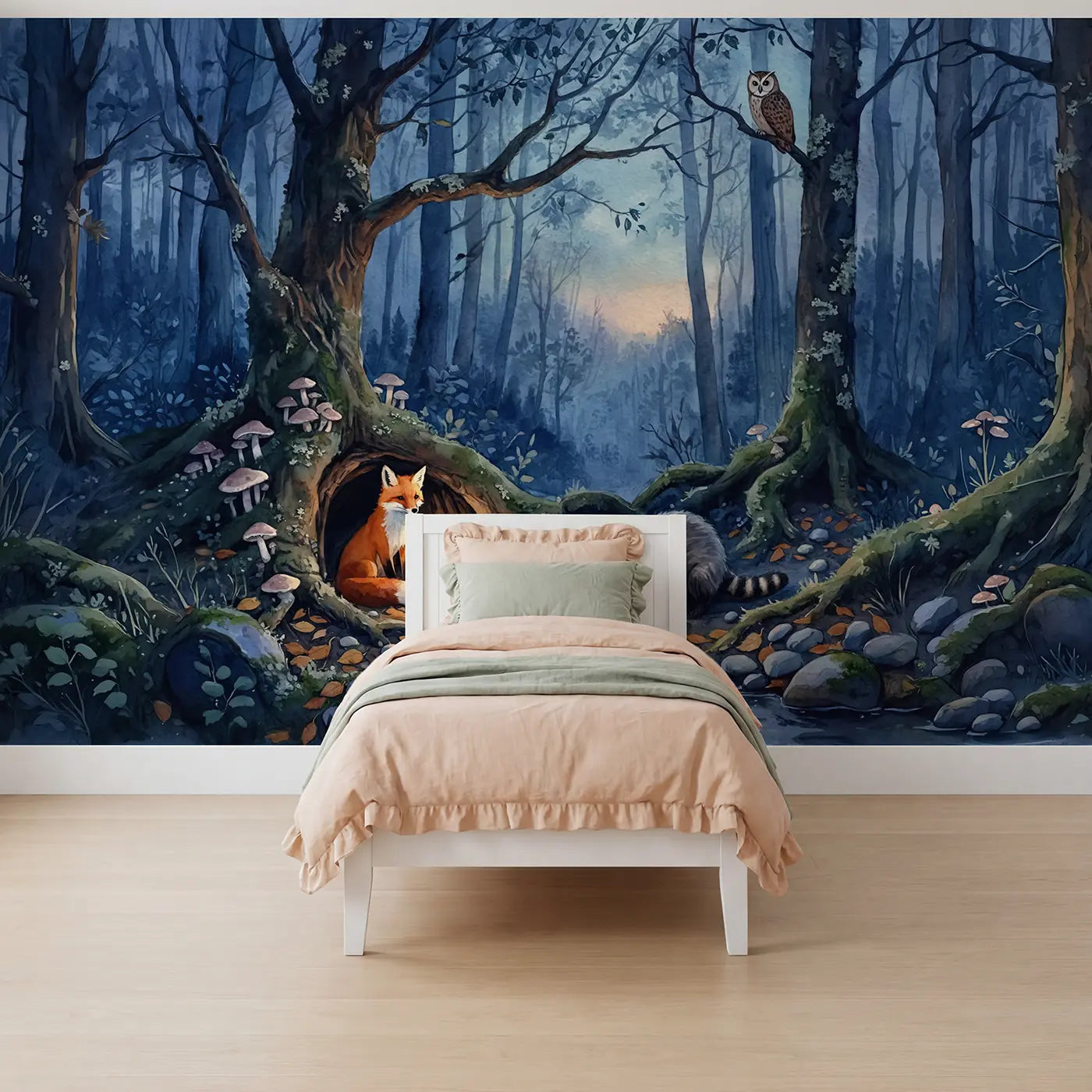 Watercolor fox and owl forest wallpaper mural for girls room by Whimsy Tots