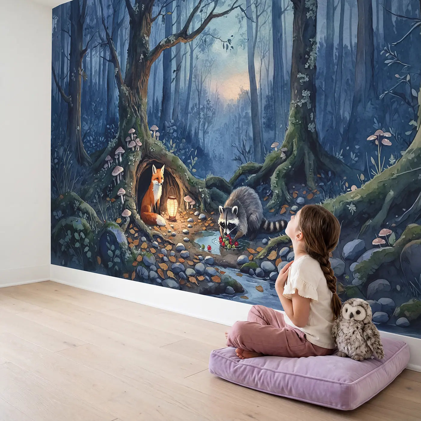 Child in nursery with Twilight Fox Hollow Wallpaper Mural by Whimsy Tots
