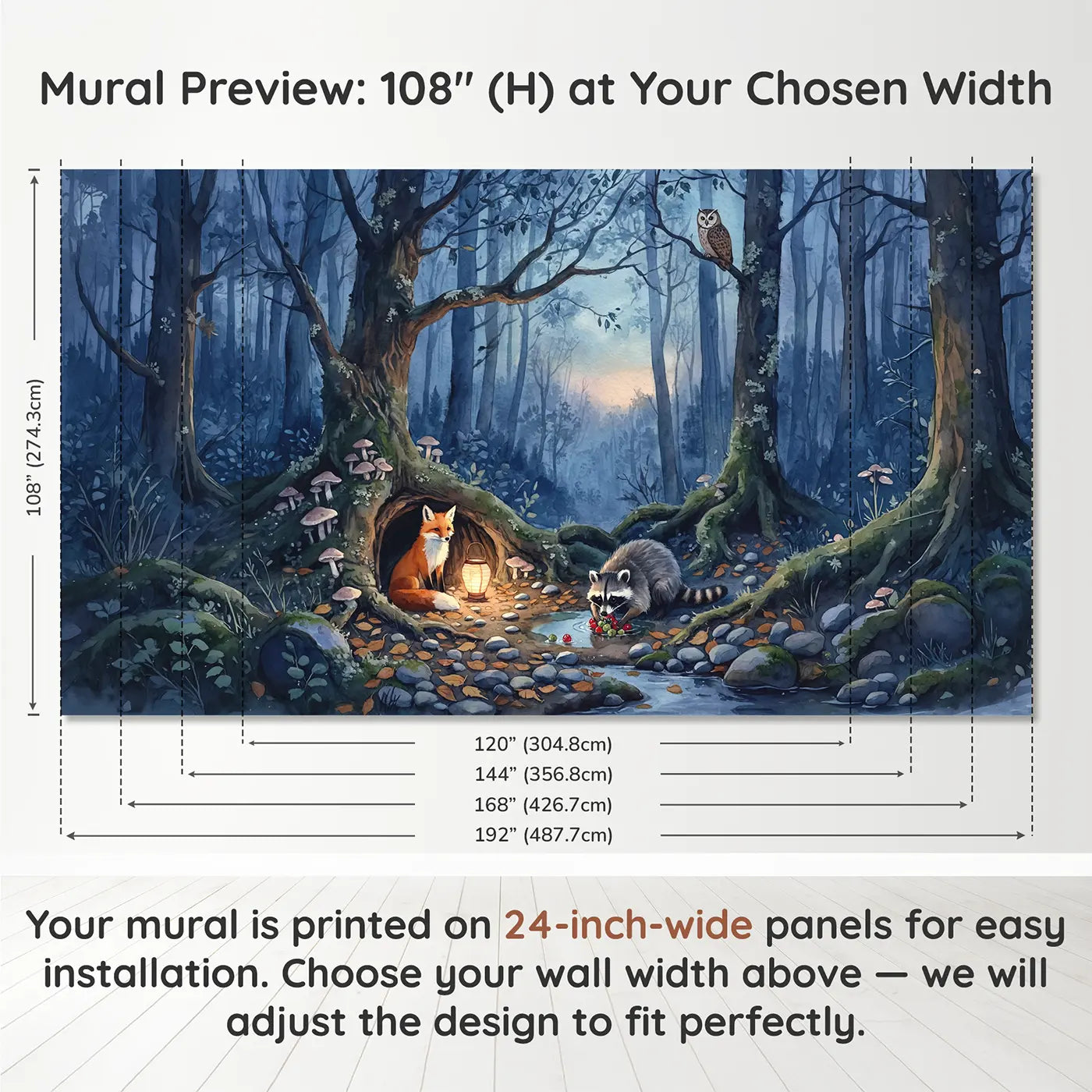 Panel layout and dimensions for Twilight Fox Hollow Wallpaper Mural by Whimsy Tots