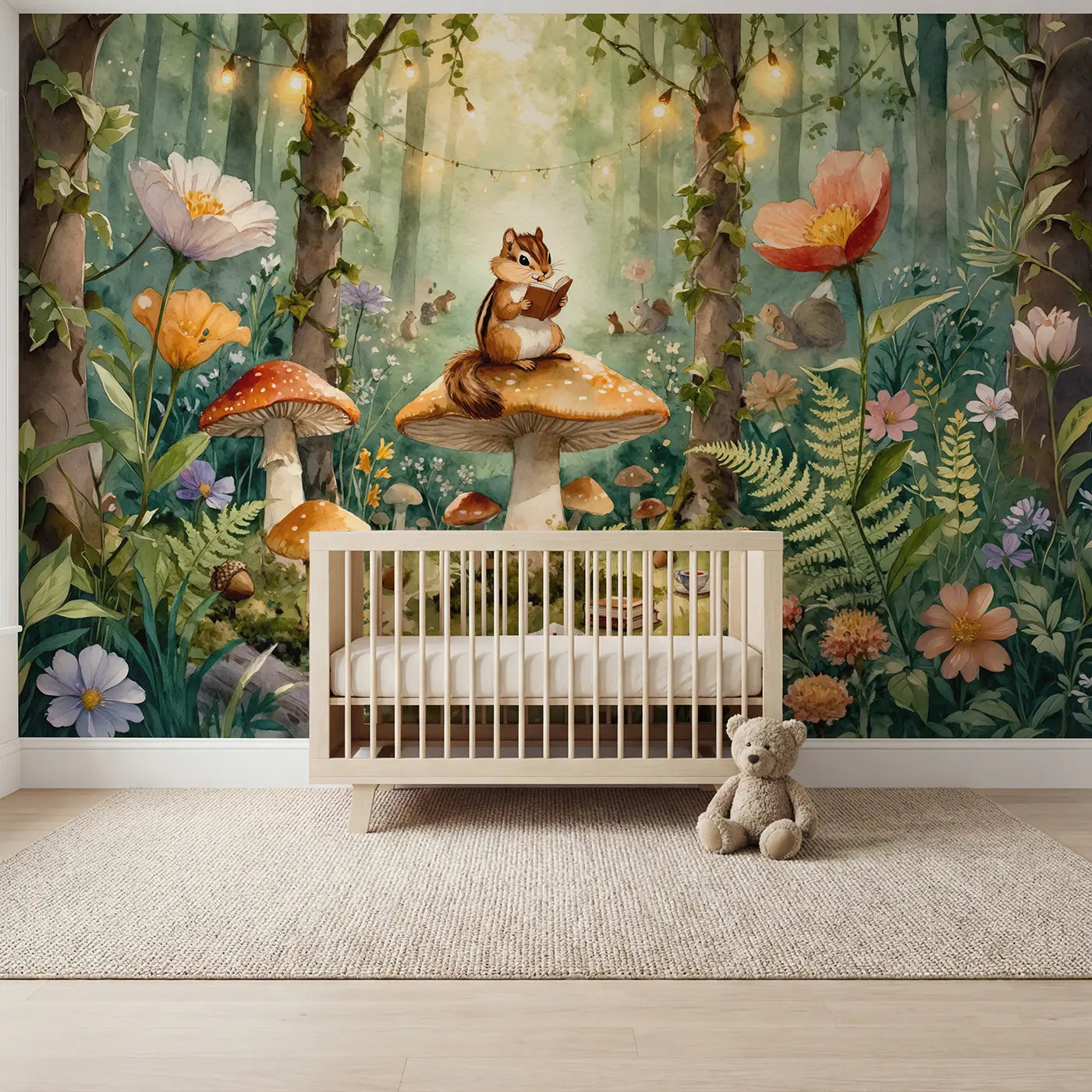 Watercolor chipmunk and mushroom wallpaper mural for kids room by Whimsy Tots