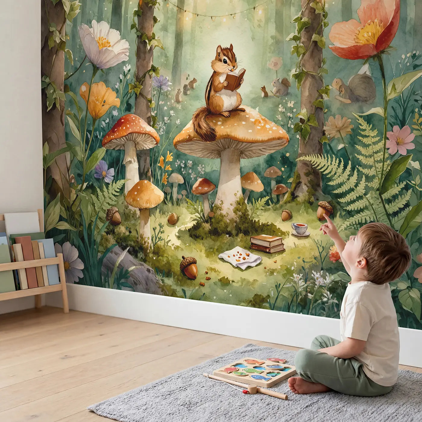 Child in nursery with Chipmunk Reading on Toadstool Wallpaper Mural by Whimsy Tots