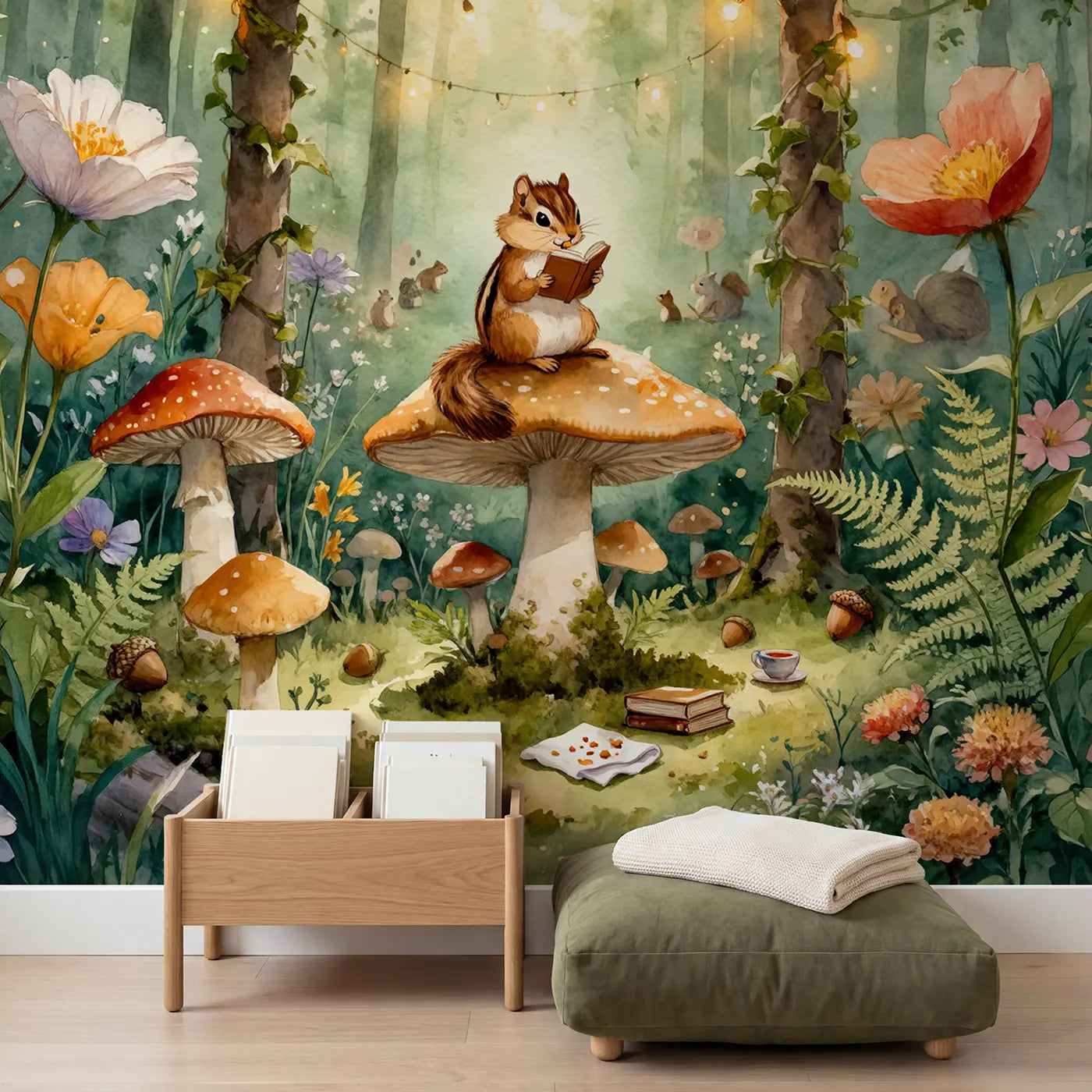Chipmunk Reading on Toadstool Wallpaper Mural in playroom setting by Whimsy Tots
