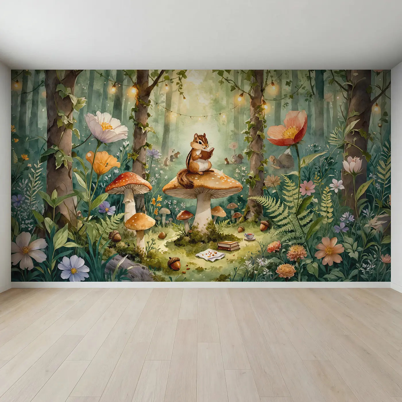 Full view of Chipmunk Reading on Toadstool Wallpaper Mural by Whimsy Tots
