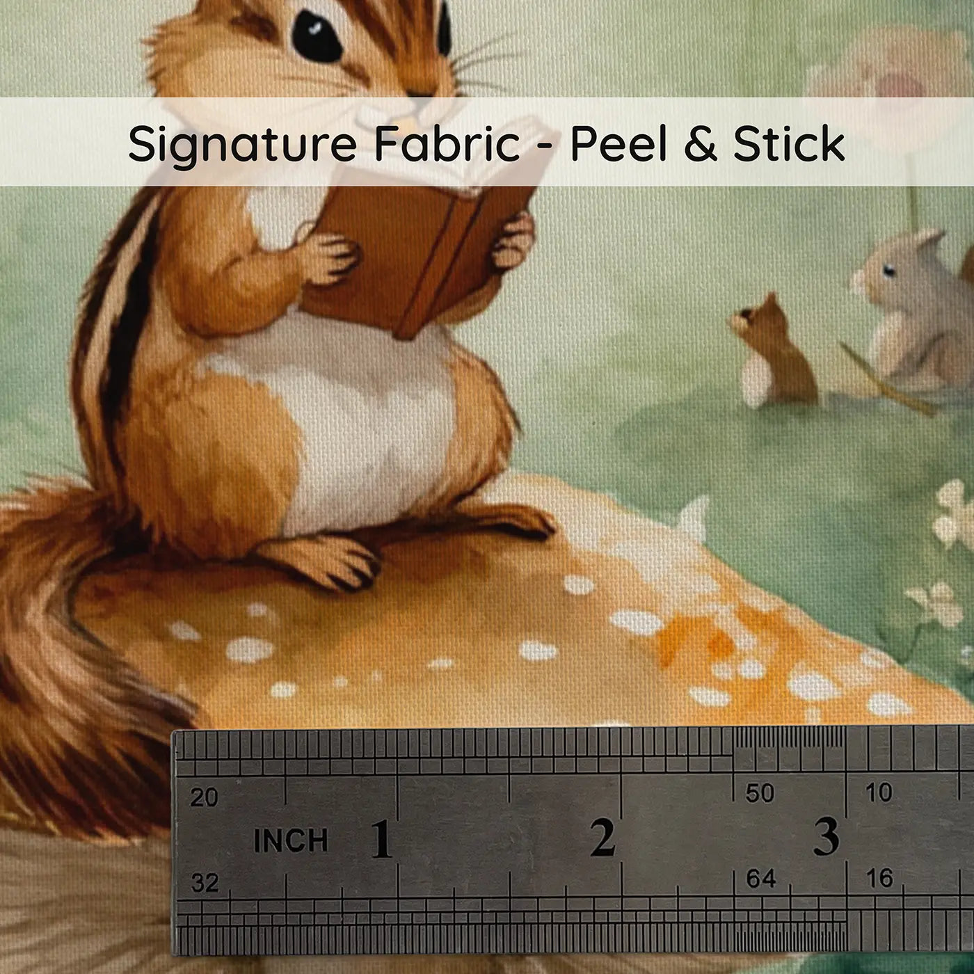 Fabric texture close-up of Chipmunk Reading on Toadstool Wallpaper Mural by Whimsy Tots