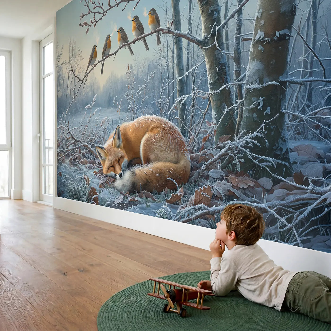 Child in nursery with Robin Choir Frosty Morning Wallpaper Mural by Whimsy Tots