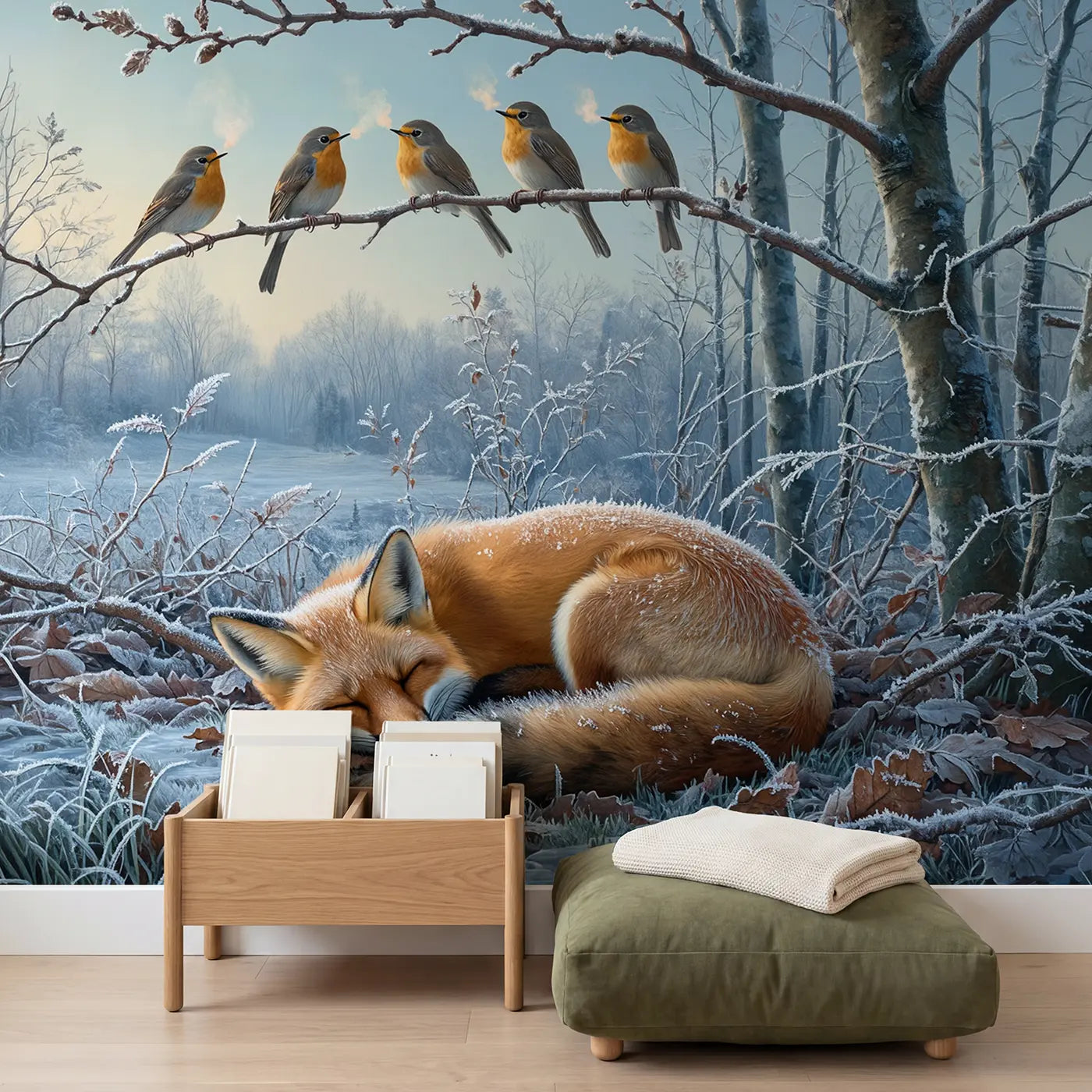 Robin Choir Frosty Morning Wallpaper Mural in playroom setting by Whimsy Tots