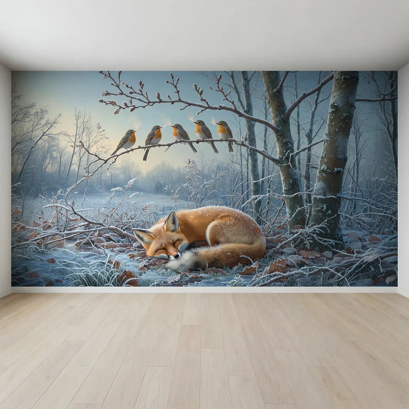 Full view of Robin Choir Frosty Morning Wallpaper Mural by Whimsy Tots