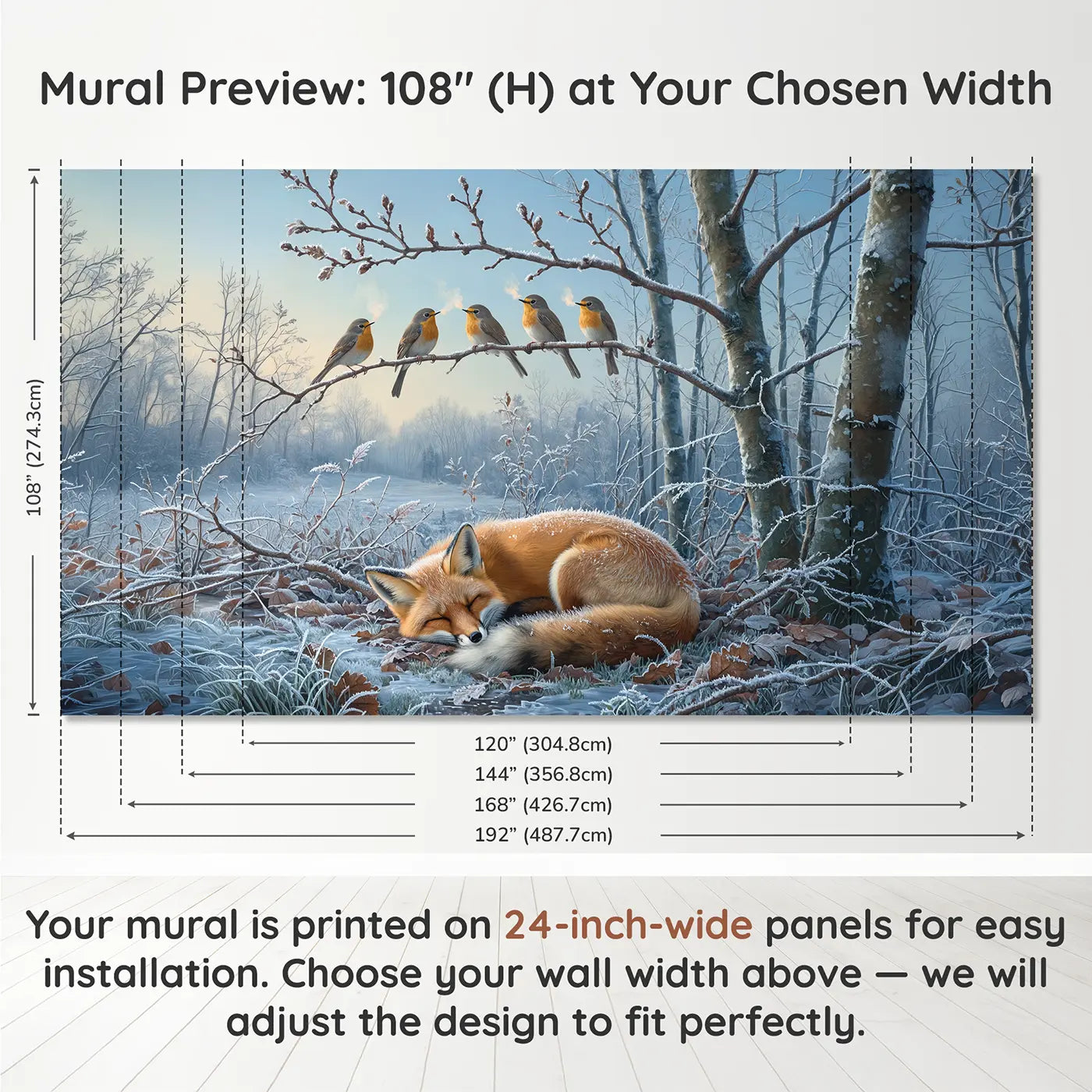 Panel layout and dimensions for Robin Choir Frosty Morning Wallpaper Mural by Whimsy Tots