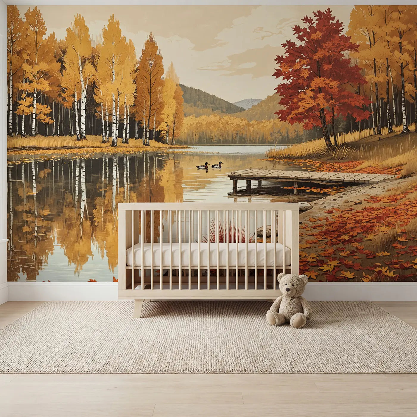 Block Print autumn lake reflection wallpaper mural for kids room by Whimsy Tots