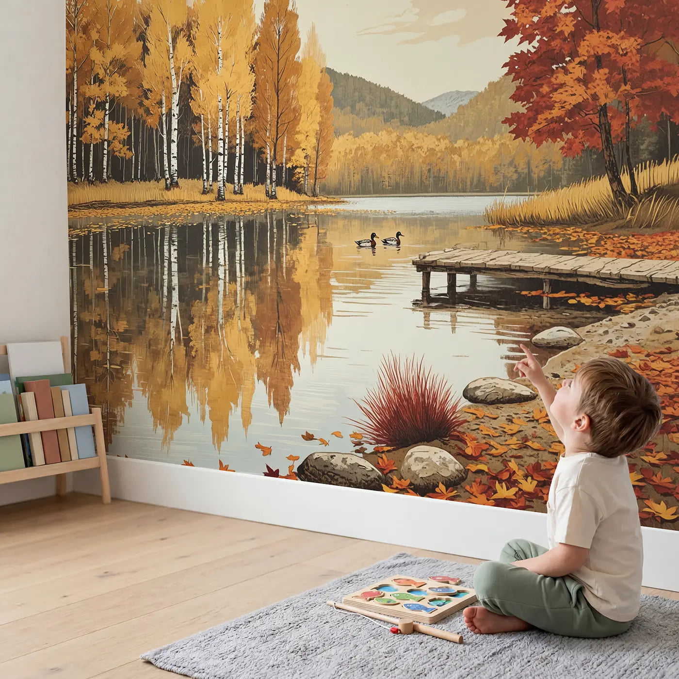 Child in nursery with Autumn Lake Reflection Wallpaper Mural by Whimsy Tots