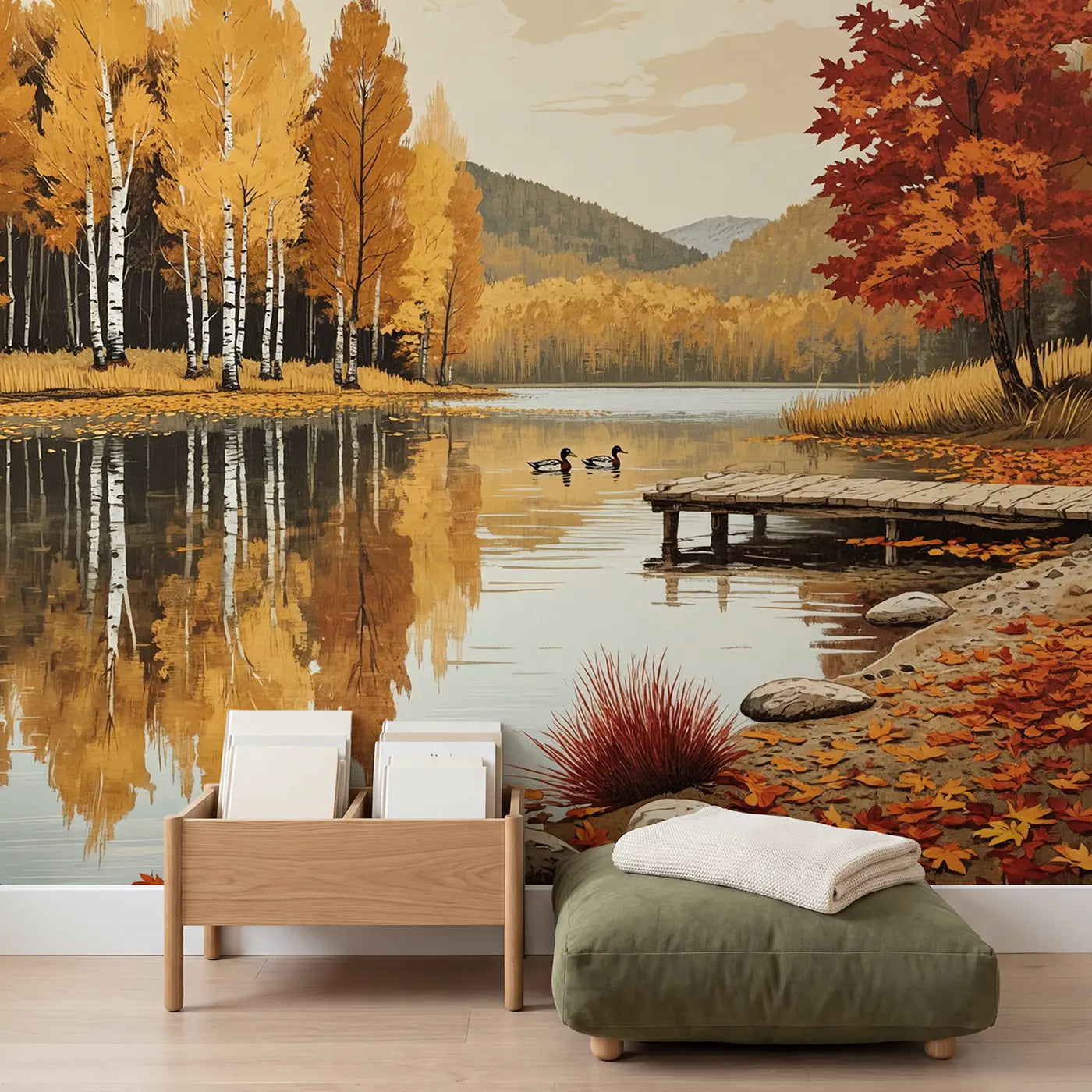 Autumn Lake Reflection Wallpaper Mural in playroom setting by Whimsy Tots
