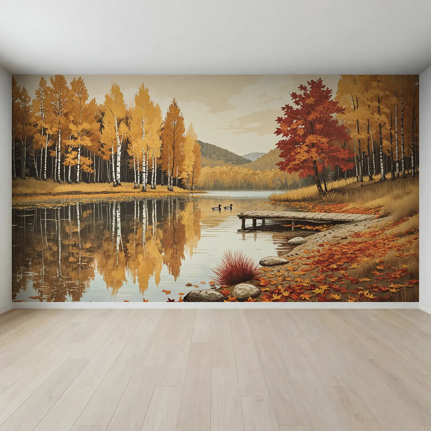 Full view of Autumn Lake Reflection Wallpaper Mural by Whimsy Tots