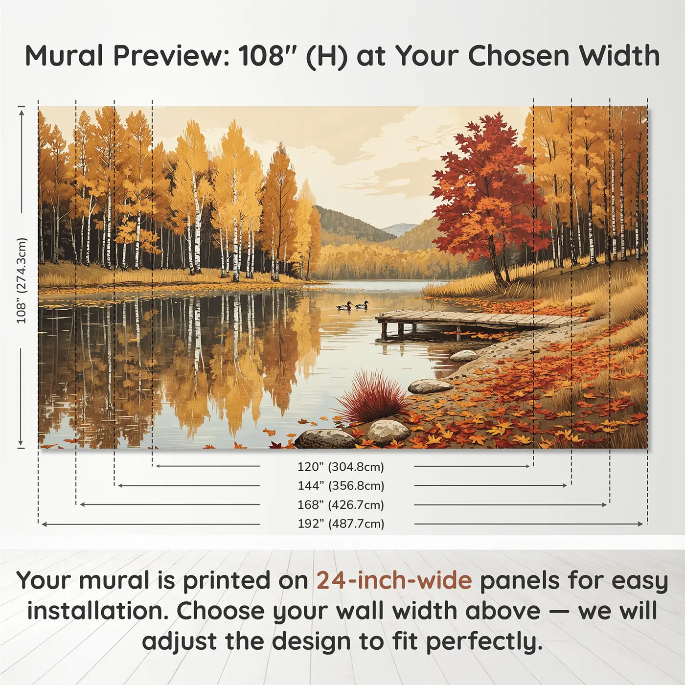 Panel layout and dimensions for Autumn Lake Reflection Wallpaper Mural by Whimsy Tots