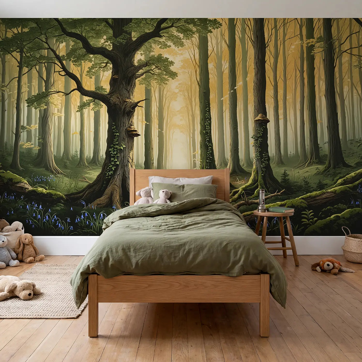 Block print forest and oak wallpaper mural for kids room by Whimsy Tots