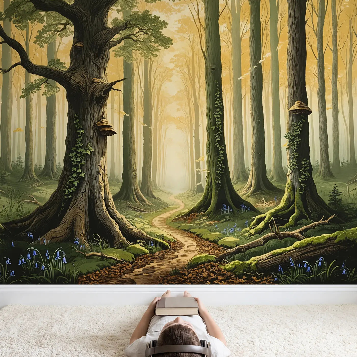 Child in nursery with Ancient Forest Dawn Cathedral Wallpaper Mural by Whimsy Tots