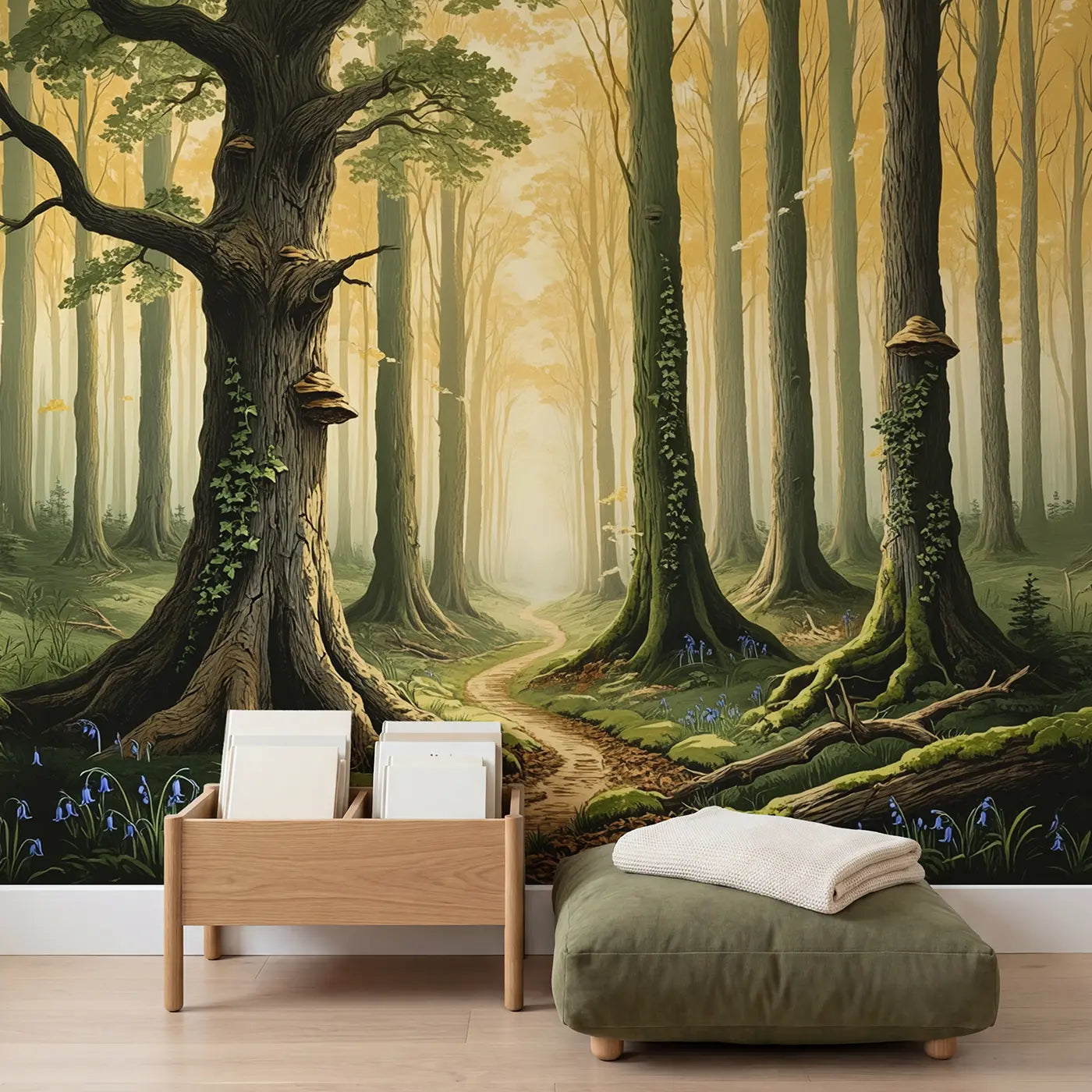 Ancient Forest Dawn Cathedral Wallpaper Mural in playroom setting by Whimsy Tots