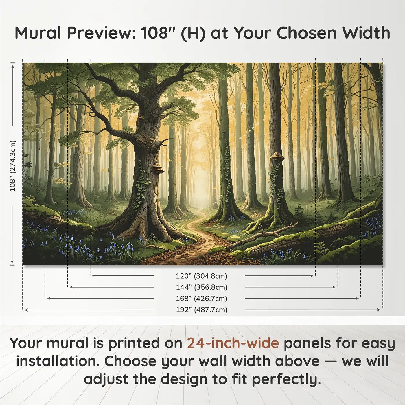 Panel layout and dimensions for Ancient Forest Dawn Cathedral Wallpaper Mural by Whimsy Tots