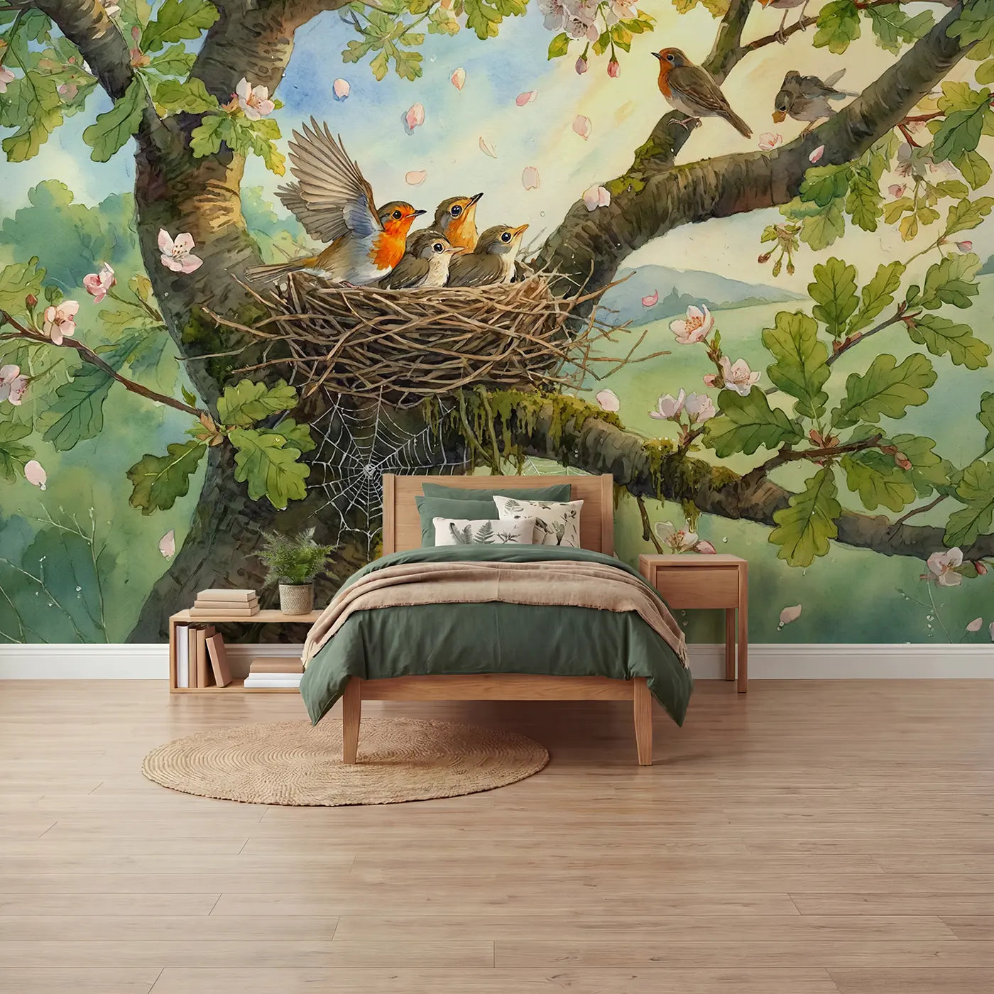 watercolor robin fledglings oak tree spring wallpaper mural for kids room by Whimsy Tots