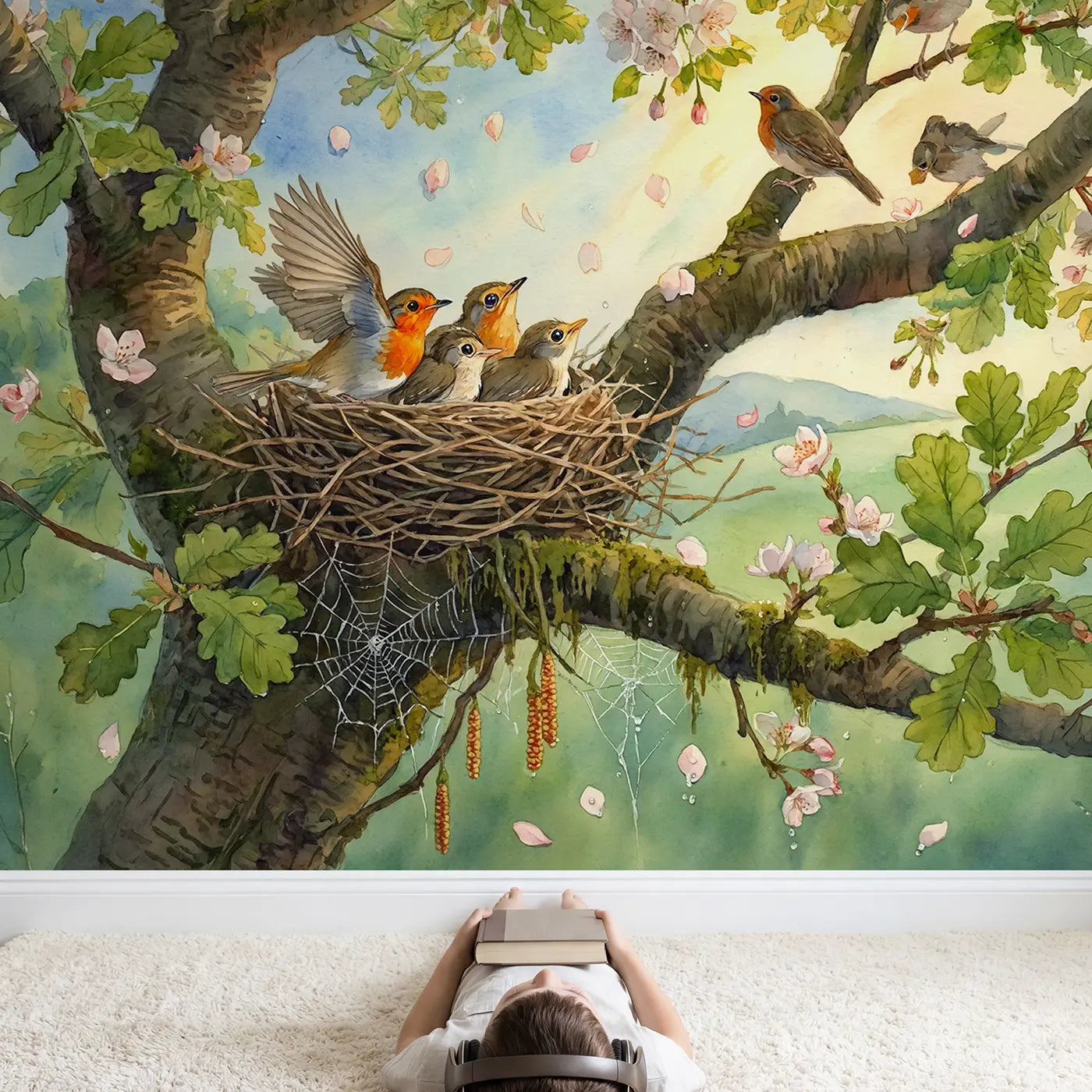Child in nursery with Robin Flight Lesson Oak Wallpaper Mural by Whimsy Tots