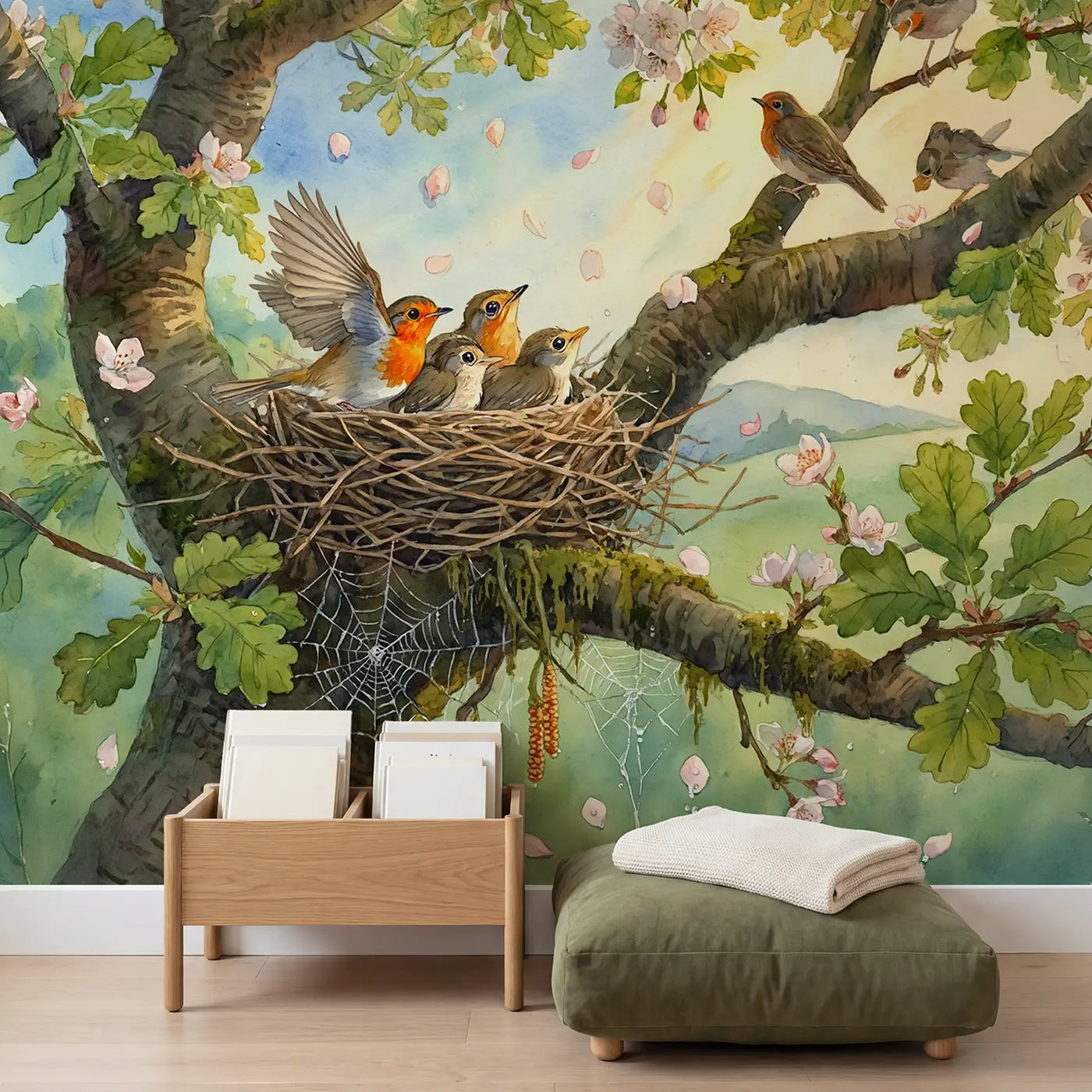 Robin Flight Lesson Oak Wallpaper Mural in playroom setting by Whimsy Tots