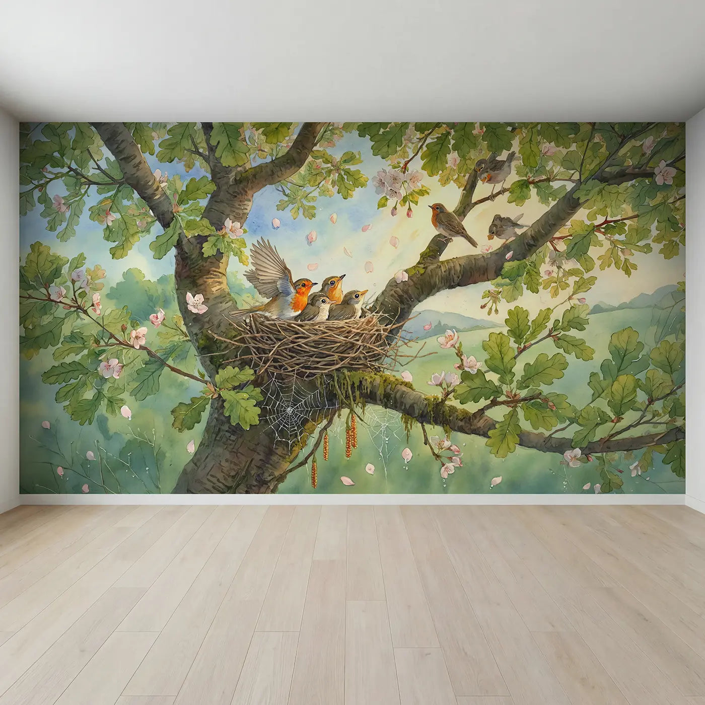 Full view of Robin Flight Lesson Oak Wallpaper Mural by Whimsy Tots