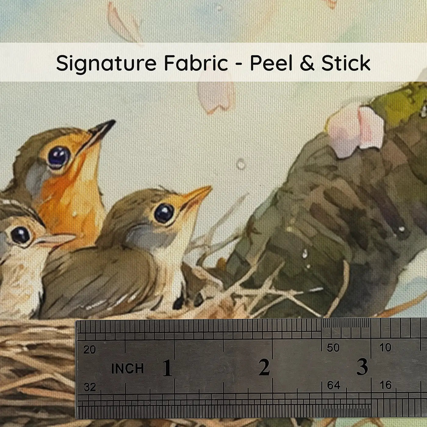 Fabric texture close-up of Robin Flight Lesson Oak Wallpaper Mural by Whimsy Tots