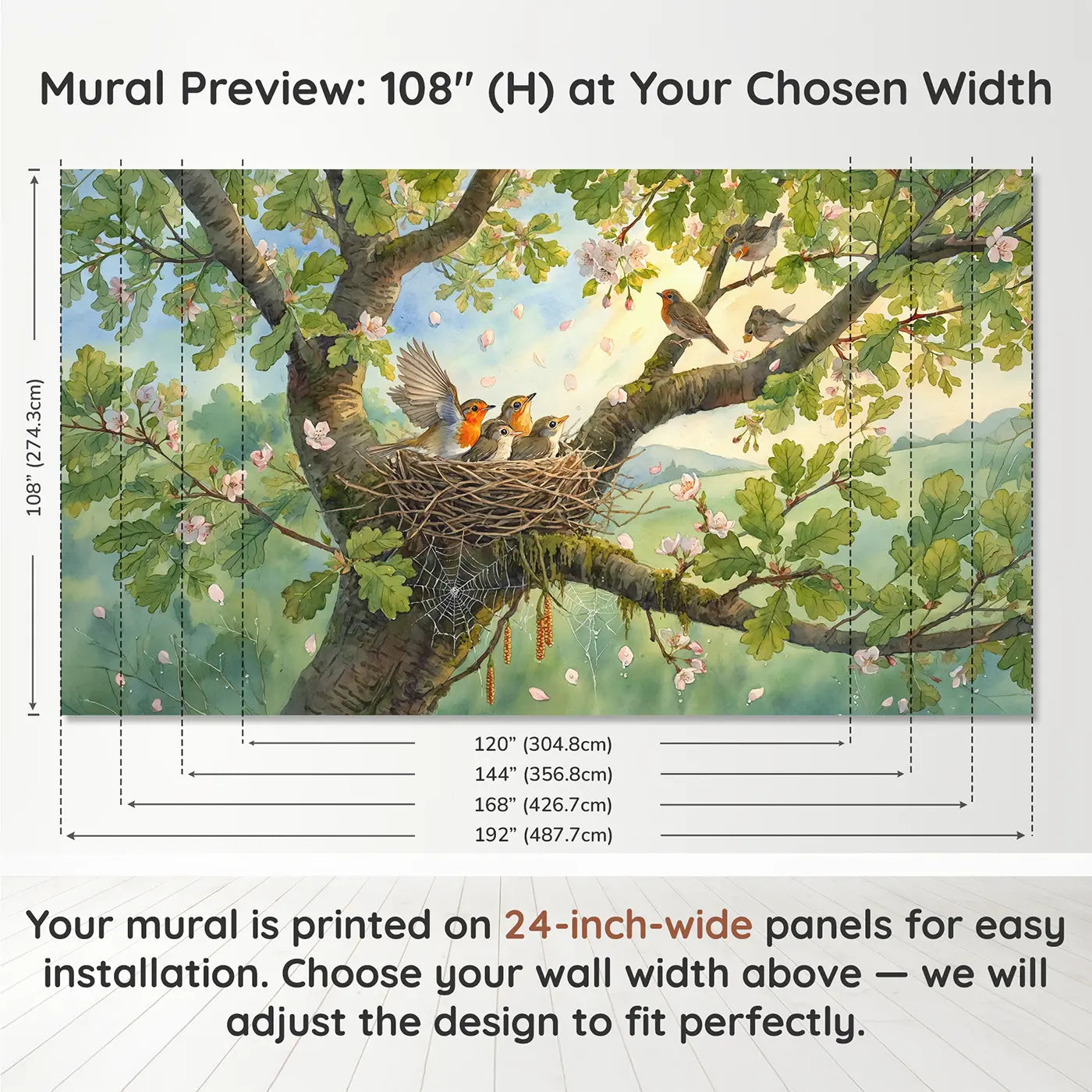 Panel layout and dimensions for Robin Flight Lesson Oak Wallpaper Mural by Whimsy Tots