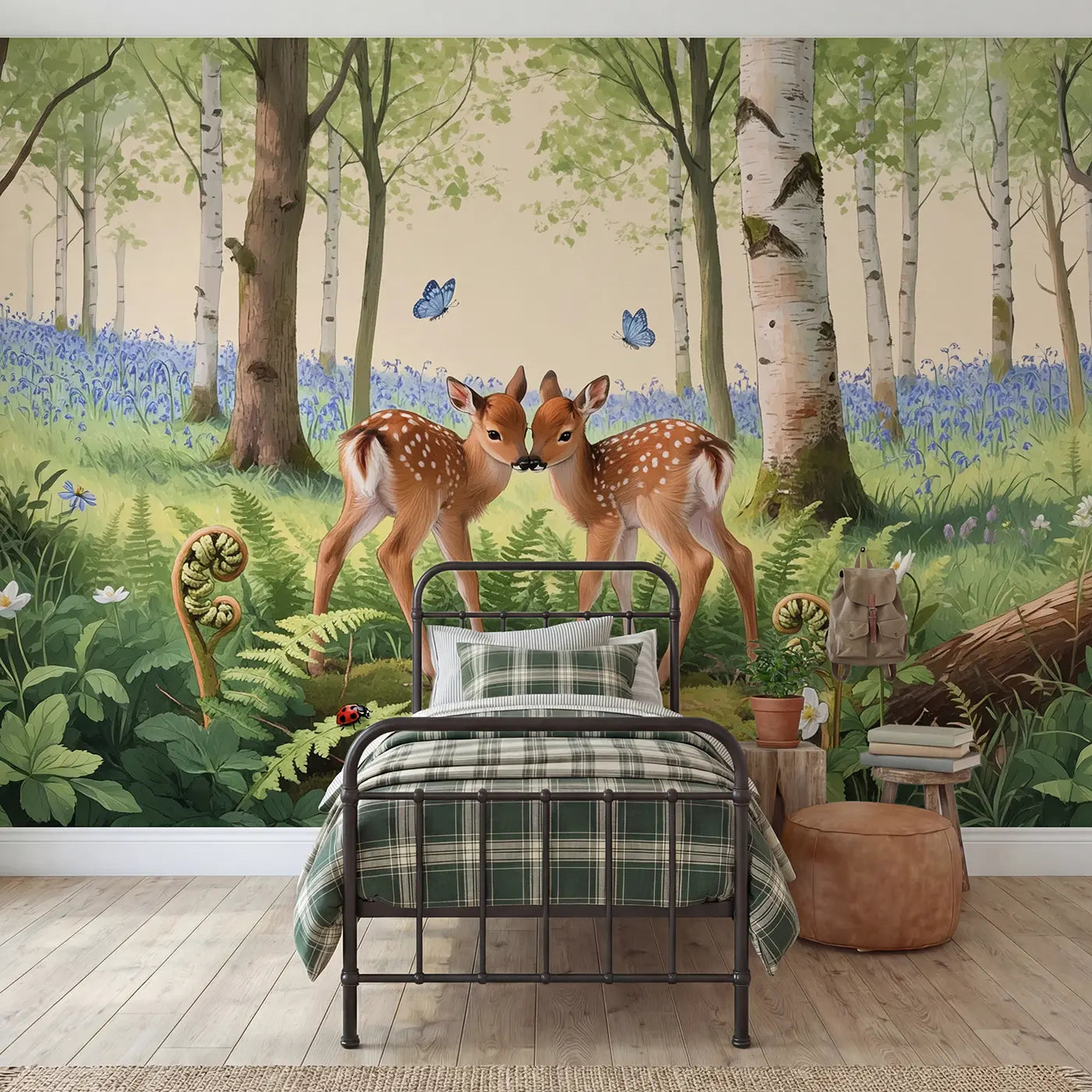Soft pastel twin fawns in fern bed wallpaper mural for boys room by Whimsy Tots
