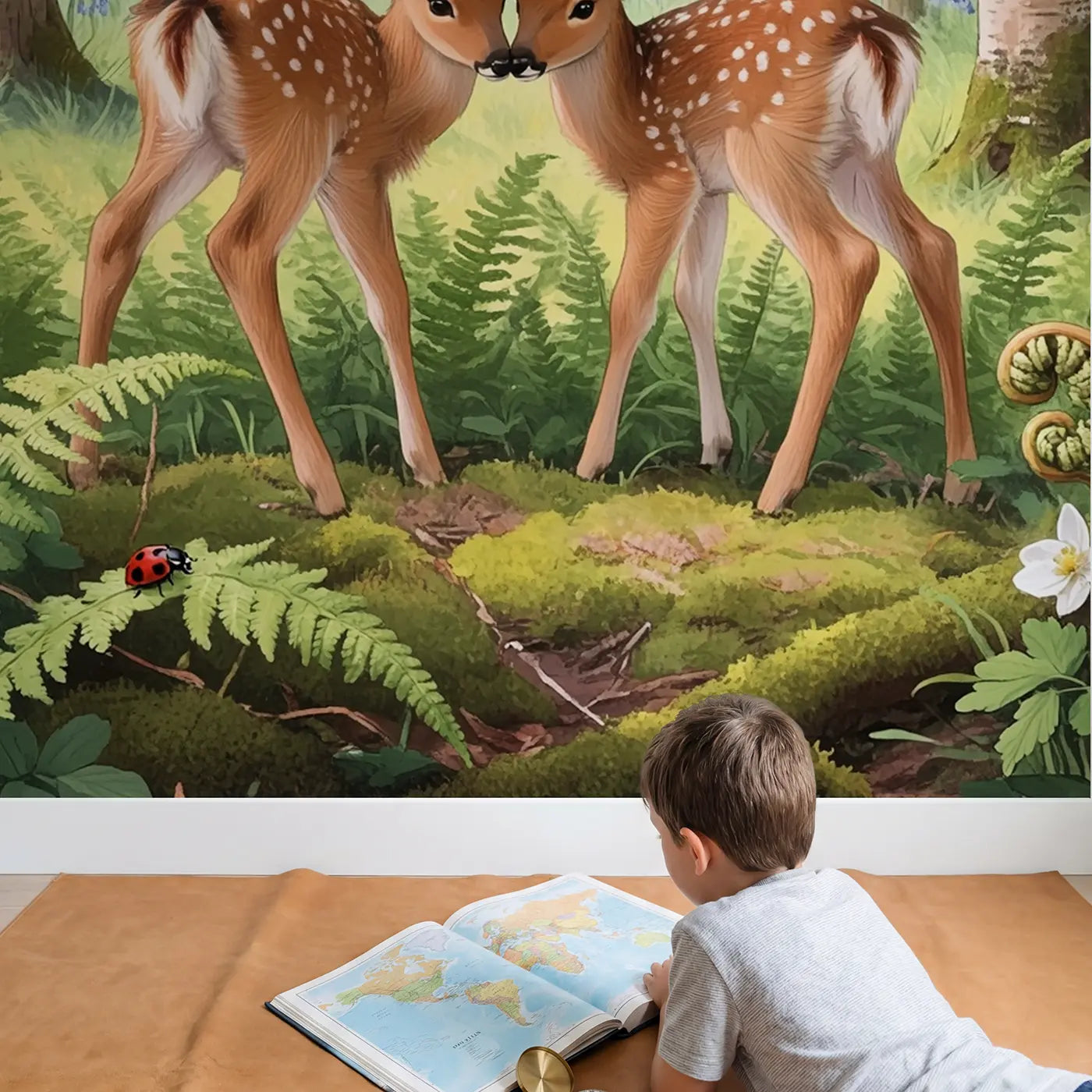 Child in nursery with Twin Fawns in Fern Bed Wallpaper Mural by Whimsy Tots
