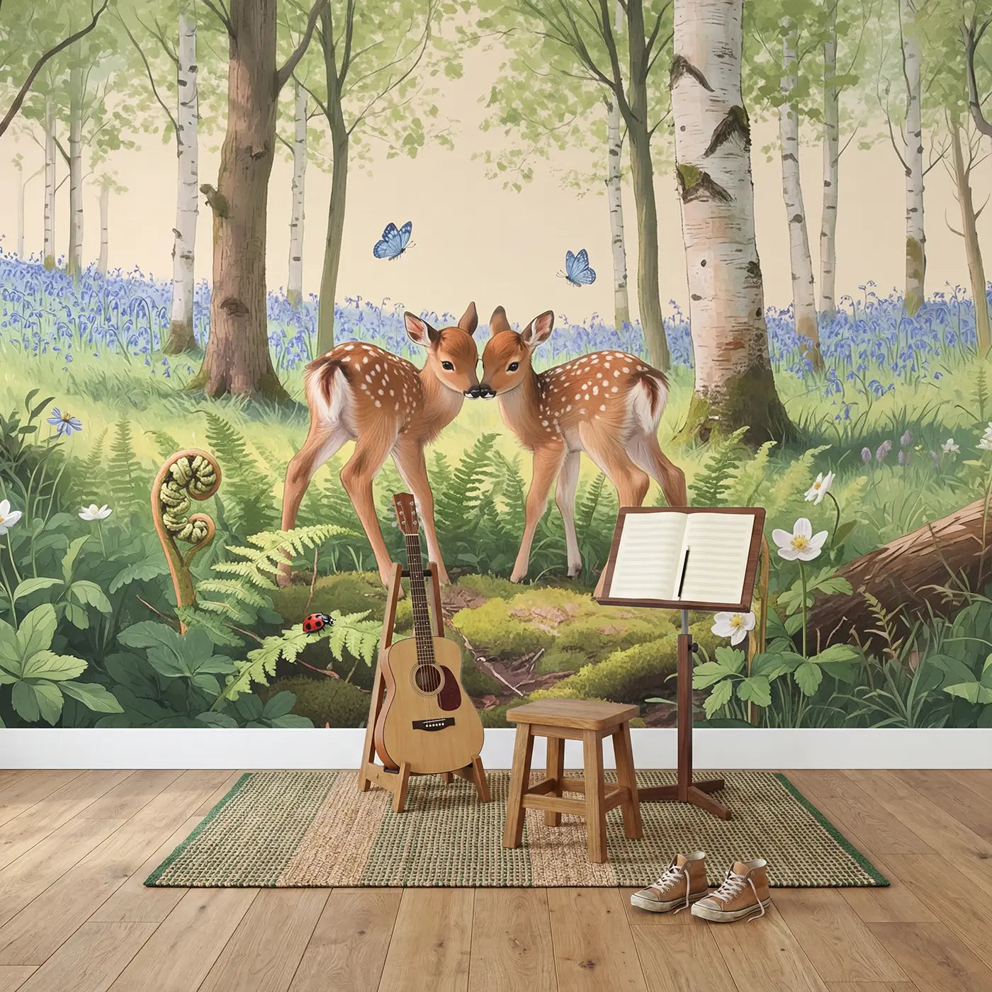 Twin Fawns in Fern Bed Wallpaper Mural in playroom setting by Whimsy Tots