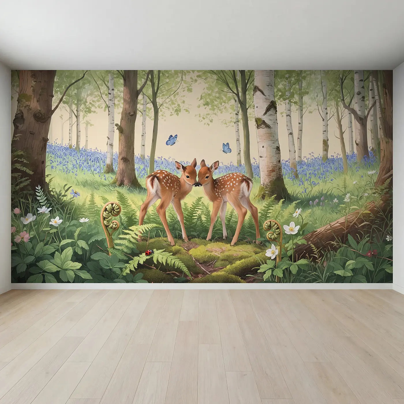 Full view of Twin Fawns in Fern Bed Wallpaper Mural by Whimsy Tots