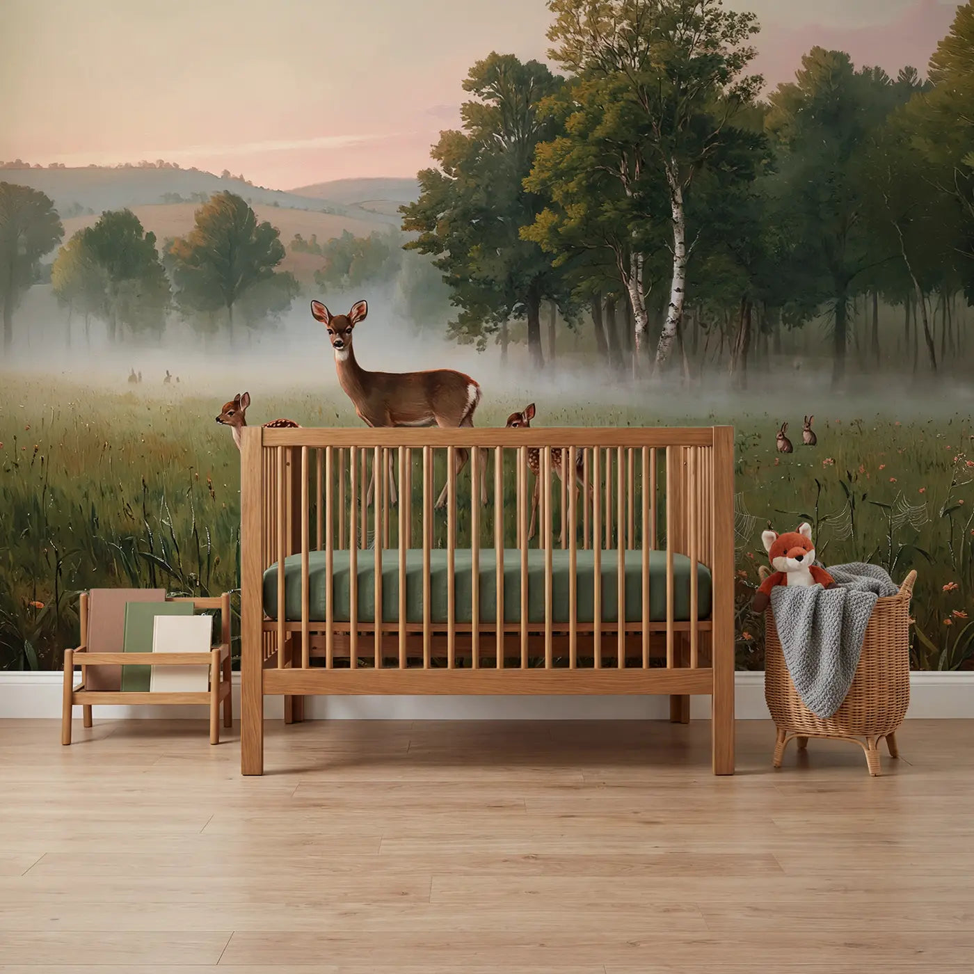 Painted landscape deer woodland wallpaper mural for nursery by Whimsy Tots