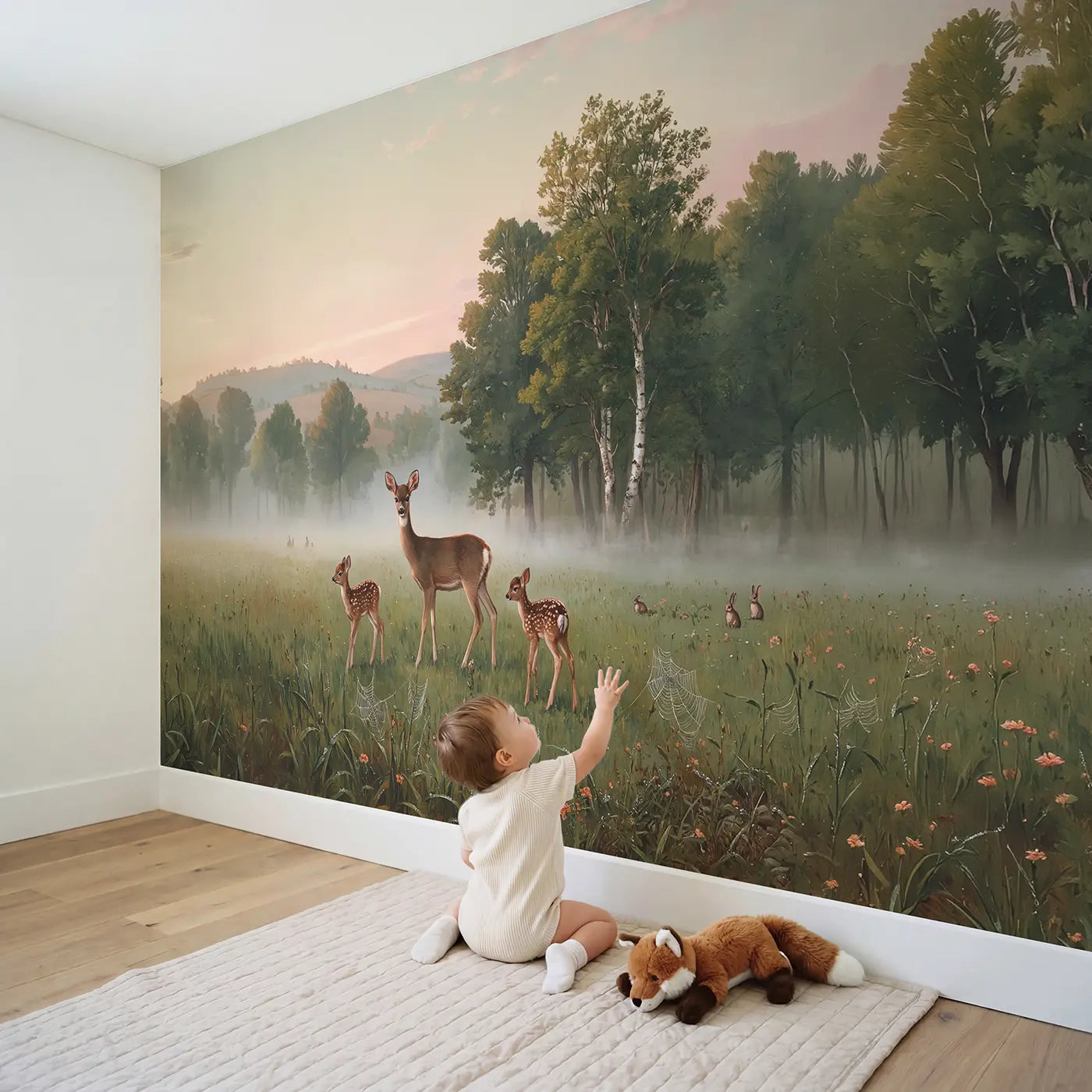 Child in nursery with Misty Meadow Deer Family Wallpaper Mural by Whimsy Tots