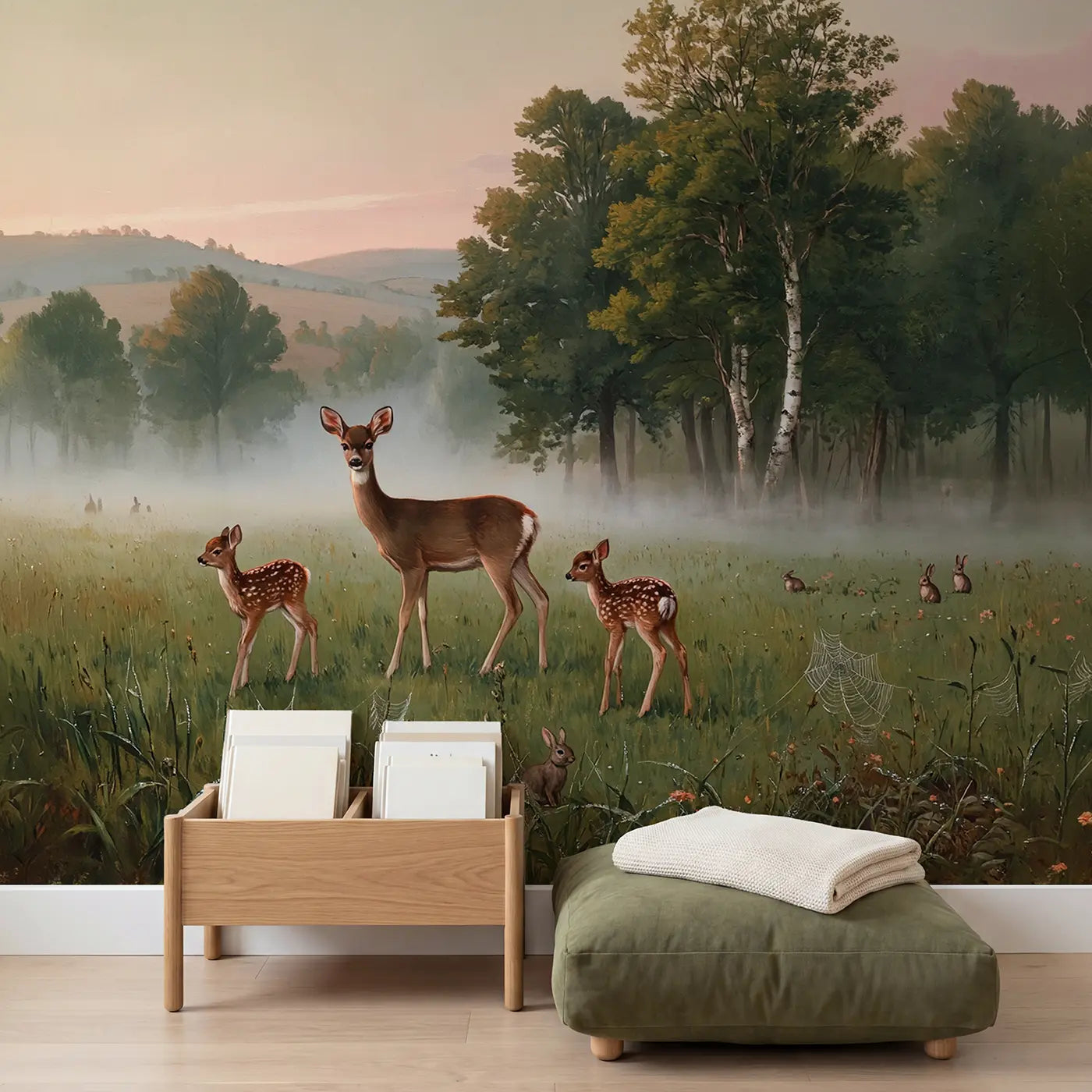 Misty Meadow Deer Family Wallpaper Mural in playroom setting by Whimsy Tots