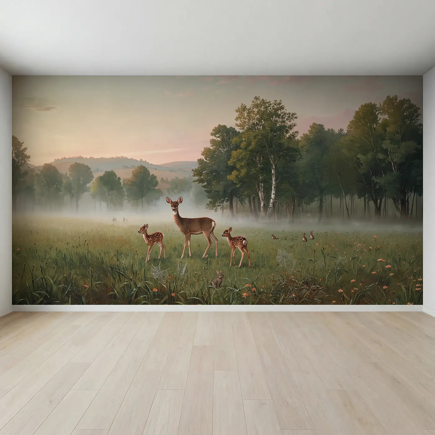 Full view of Misty Meadow Deer Family Wallpaper Mural by Whimsy Tots