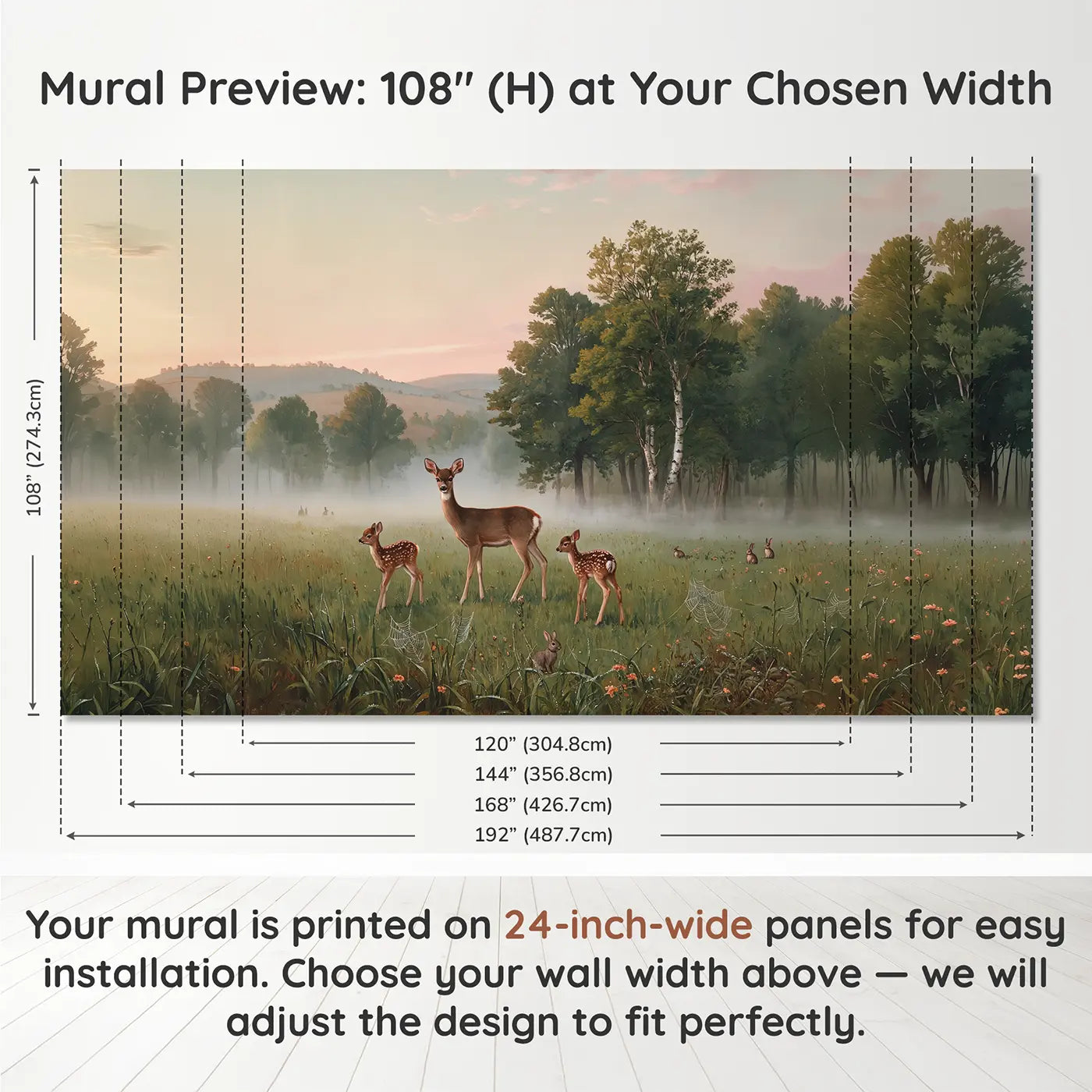 Panel layout and dimensions for Misty Meadow Deer Family Wallpaper Mural by Whimsy Tots