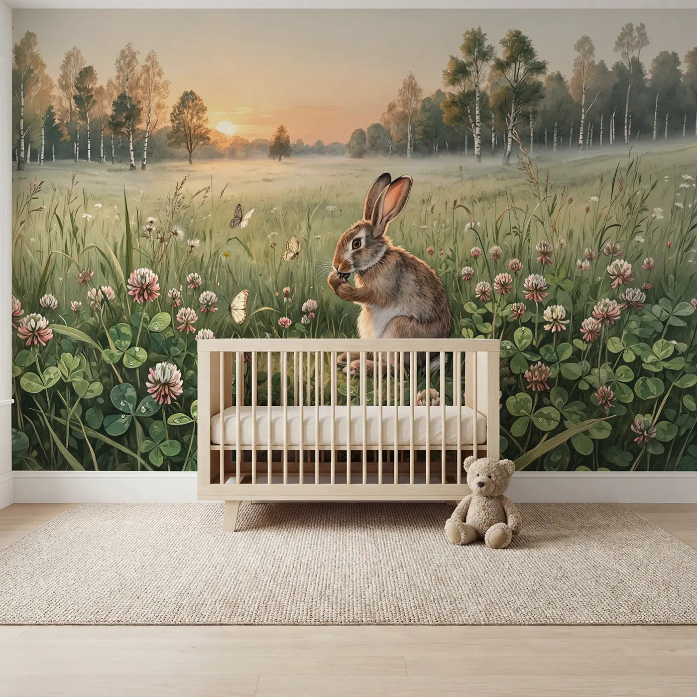 Storybook rabbit in clover meadow wallpaper mural for kids room by Whimsy Tots
