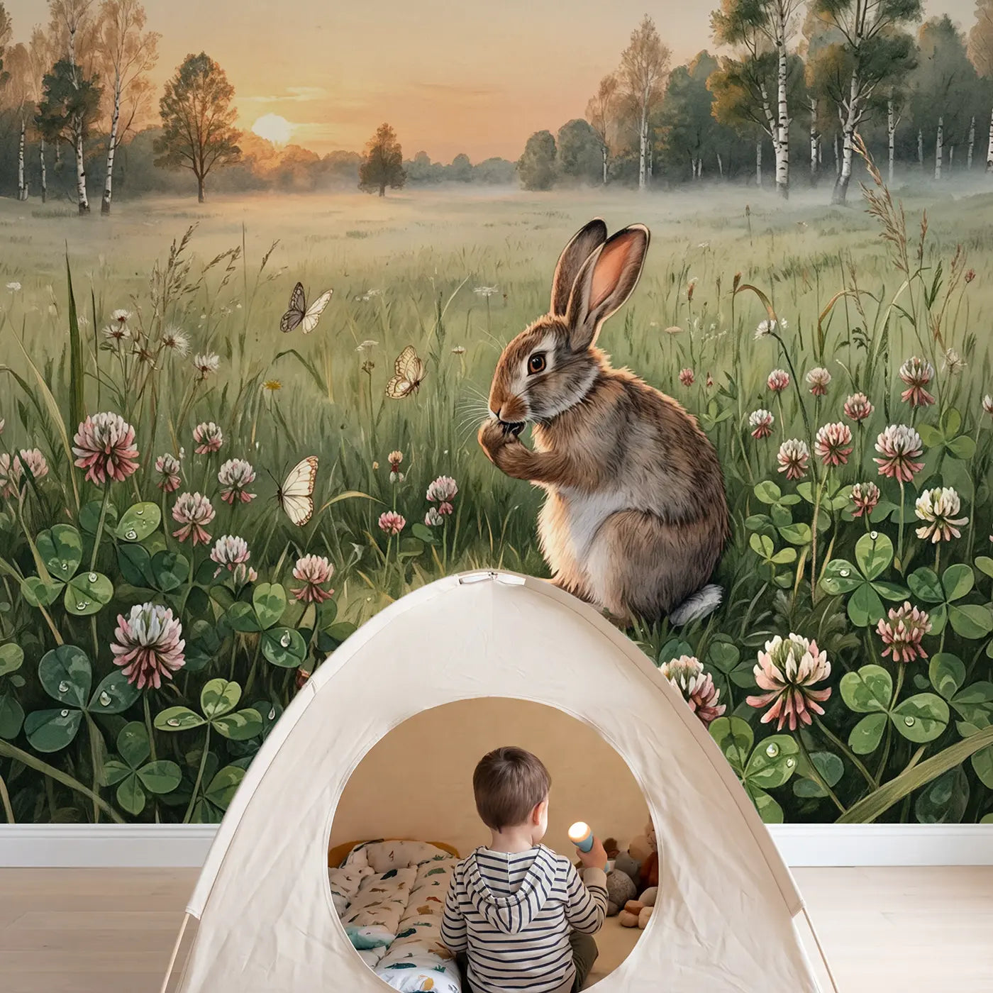 Child in nursery with Sunrise Clover Rabbit Wallpaper Mural by Whimsy Tots