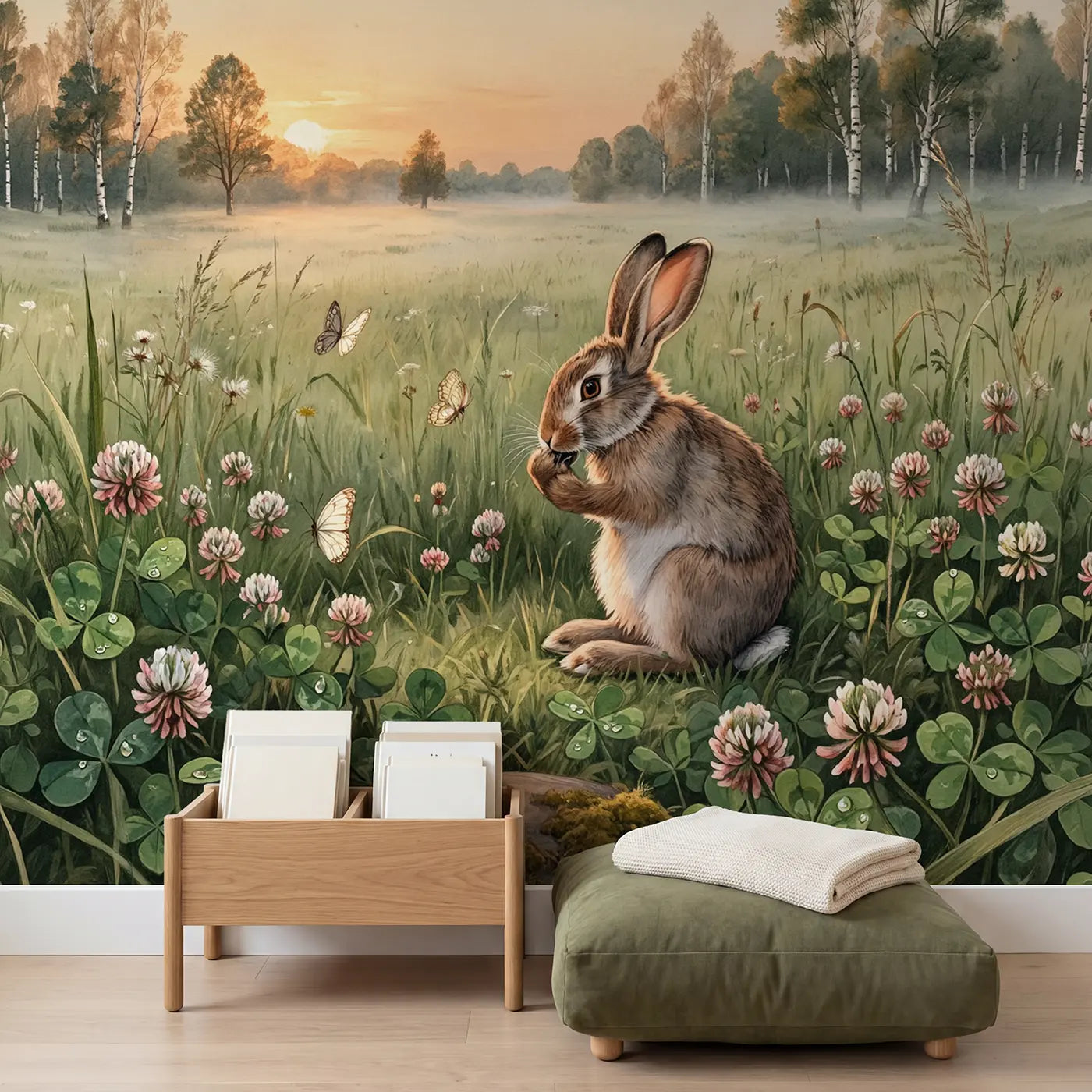 Sunrise Clover Rabbit Wallpaper Mural in playroom setting by Whimsy Tots