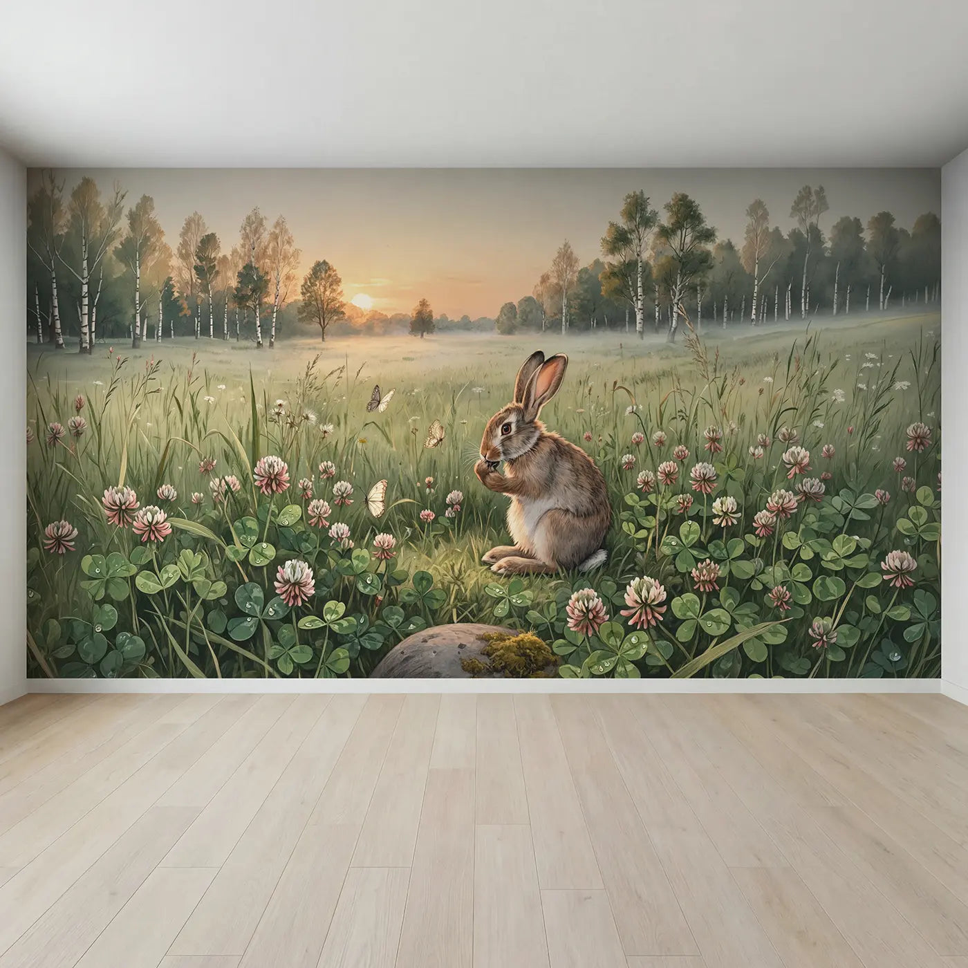 Full view of Sunrise Clover Rabbit Wallpaper Mural by Whimsy Tots
