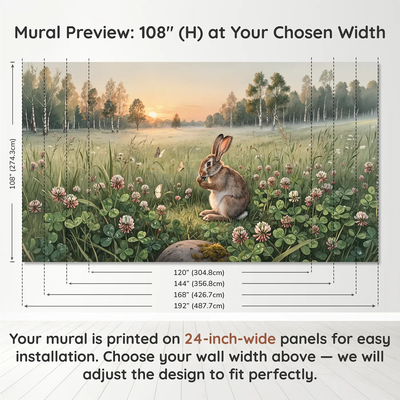 Panel layout and dimensions for Sunrise Clover Rabbit Wallpaper Mural by Whimsy Tots