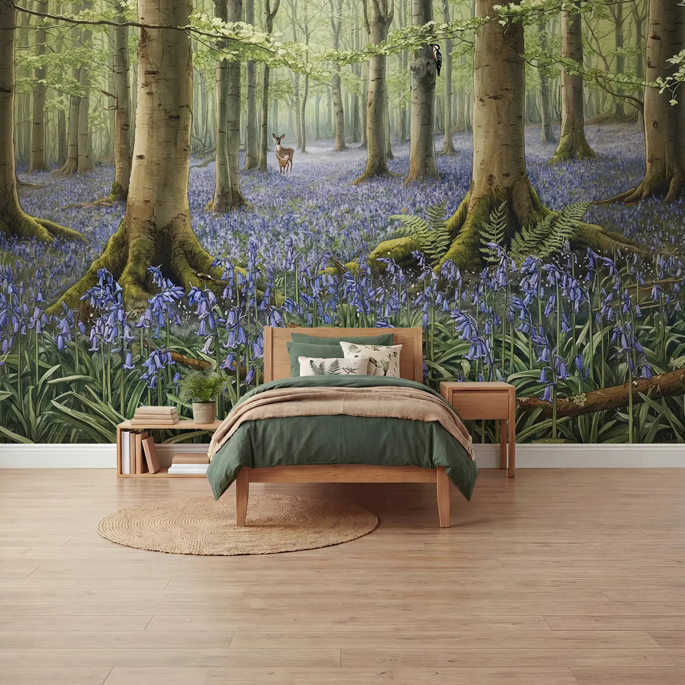 Storybook bluebell forest deer spring morning wallpaper mural for kids room by Whimsy Tots
