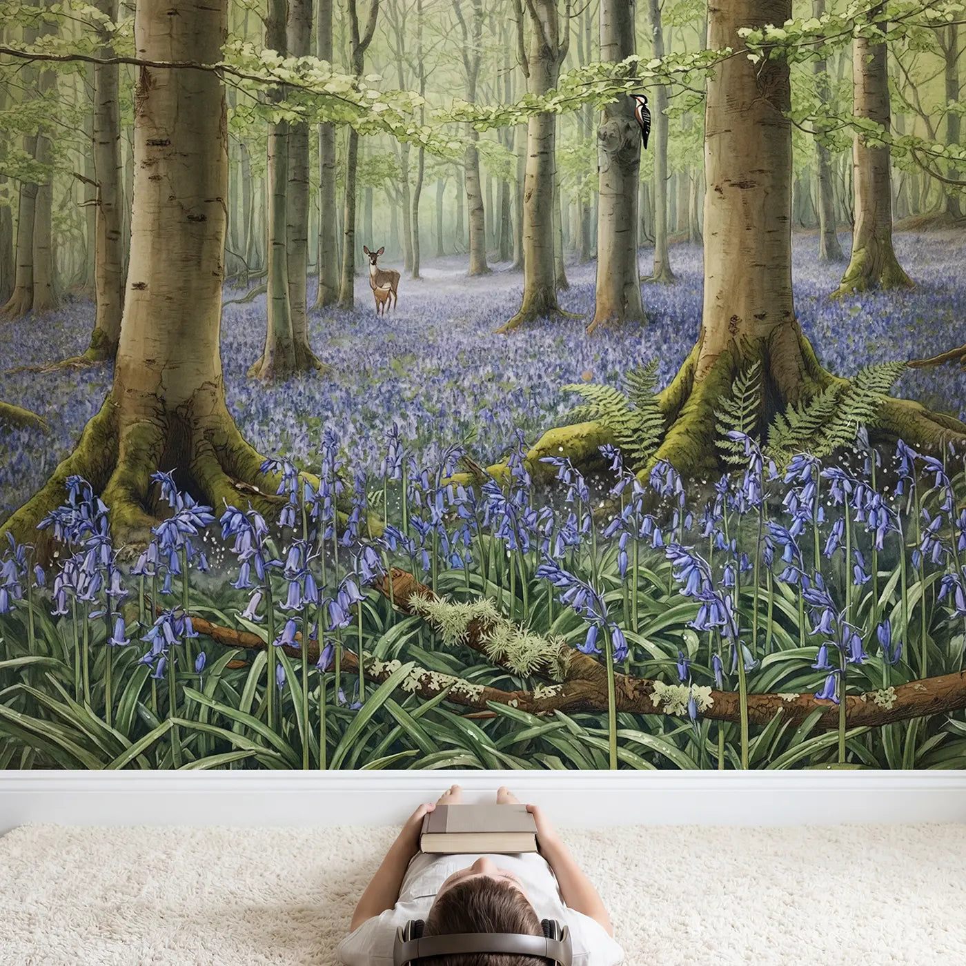 Child in nursery with Bluebell Forest Spring Morning Wallpaper Mural by Whimsy Tots