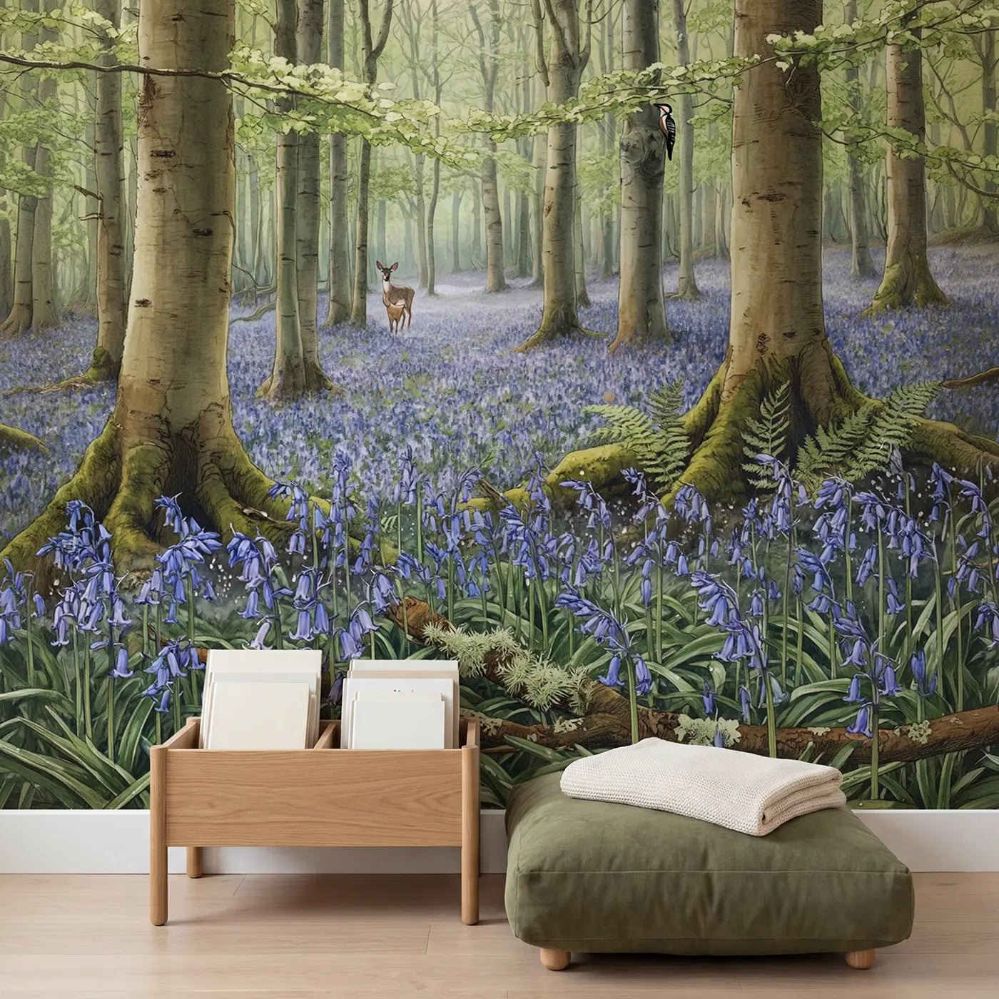 Bluebell Forest Spring Morning Wallpaper Mural in playroom setting by Whimsy Tots